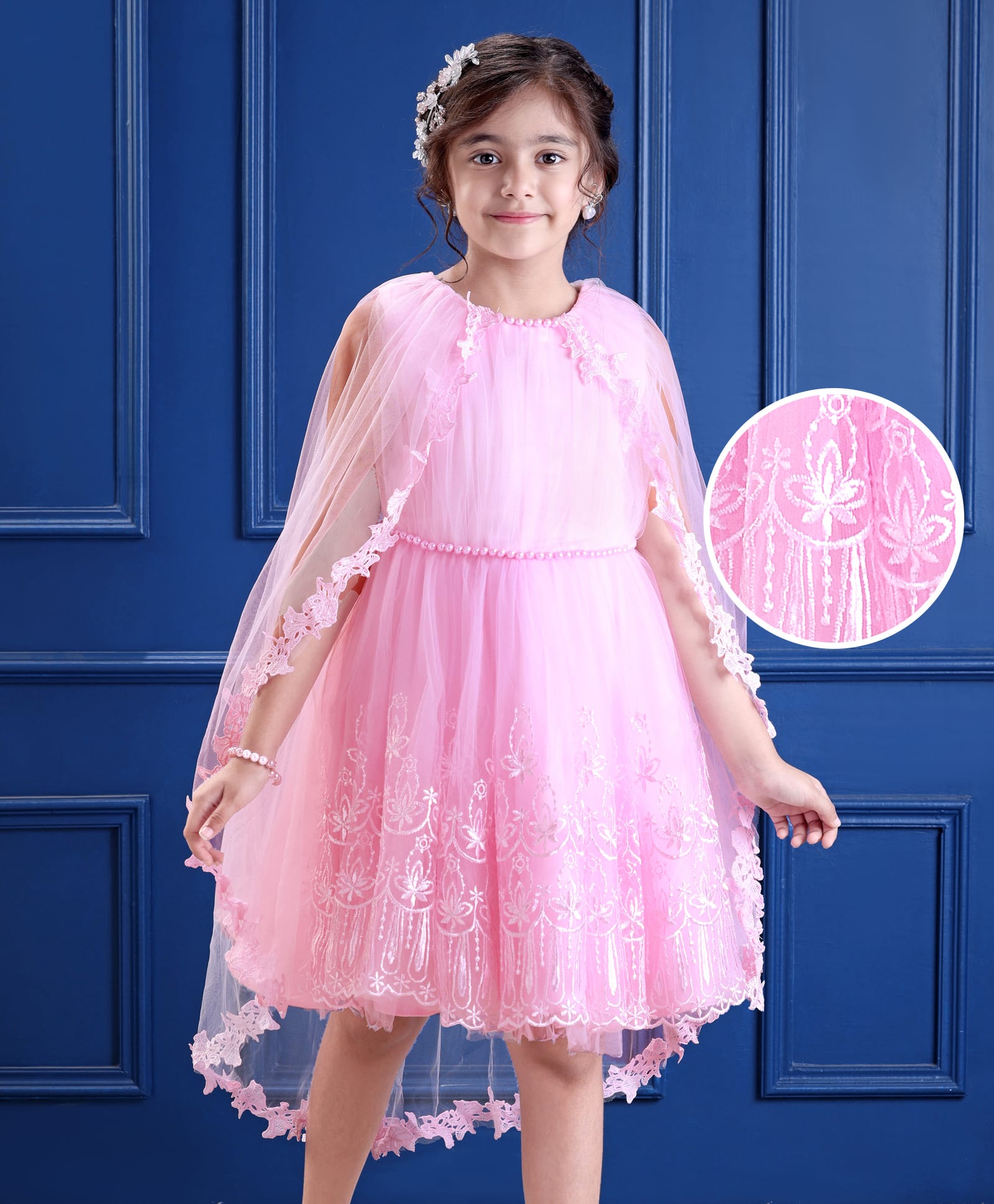 Mark & Mia Woven Cape Sleeves Party Dress With Floral Embroidery - Pink-picture-13