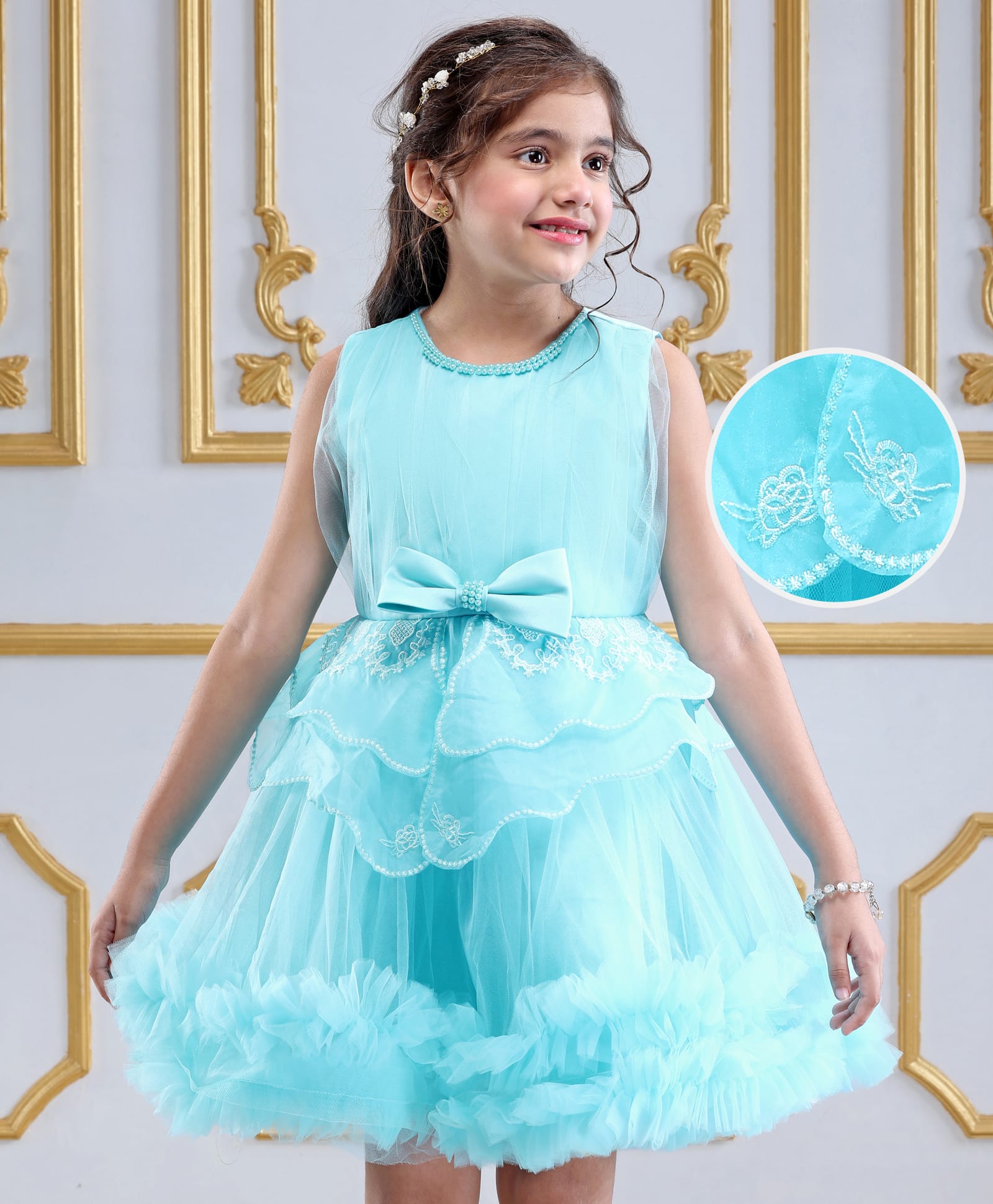 Mark & Mia Woven Sleeveless Party Dress With Bow Applique & Embroidery Detailing - Sea Green-picture-38