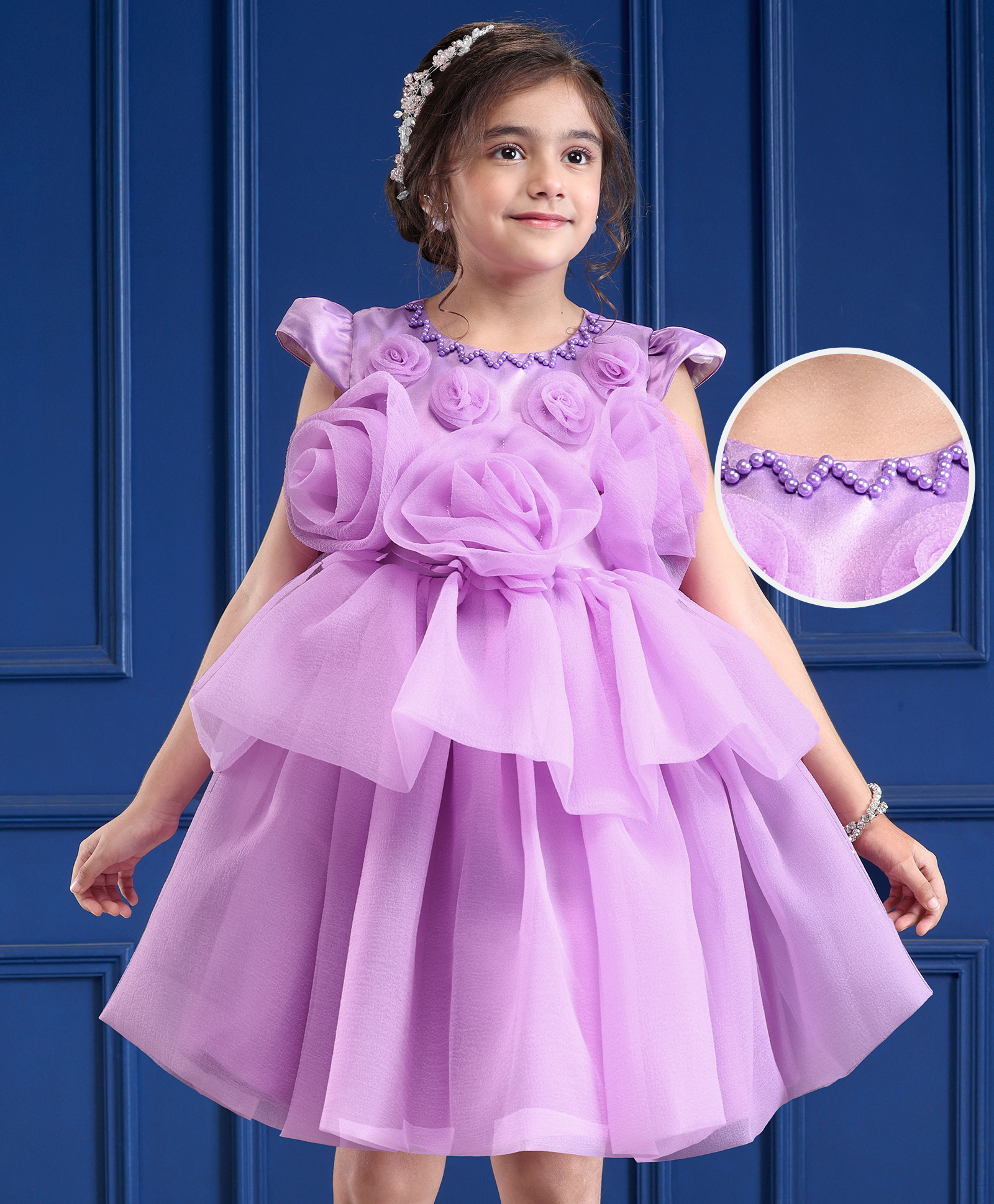 Mark & Mia Woven Cap Sleeves Party Dress with Floral Pearls & Beads Applique - Lilac-picture-39