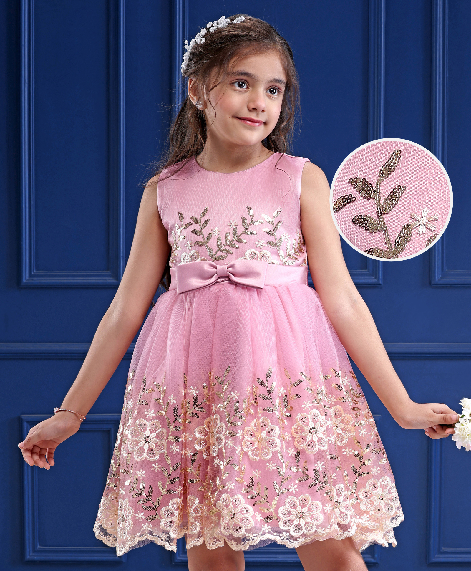 Mark & Mia Woven Sleeveless Party Dress with Floral Applique & Sequin Detailing - Pink-picture-25