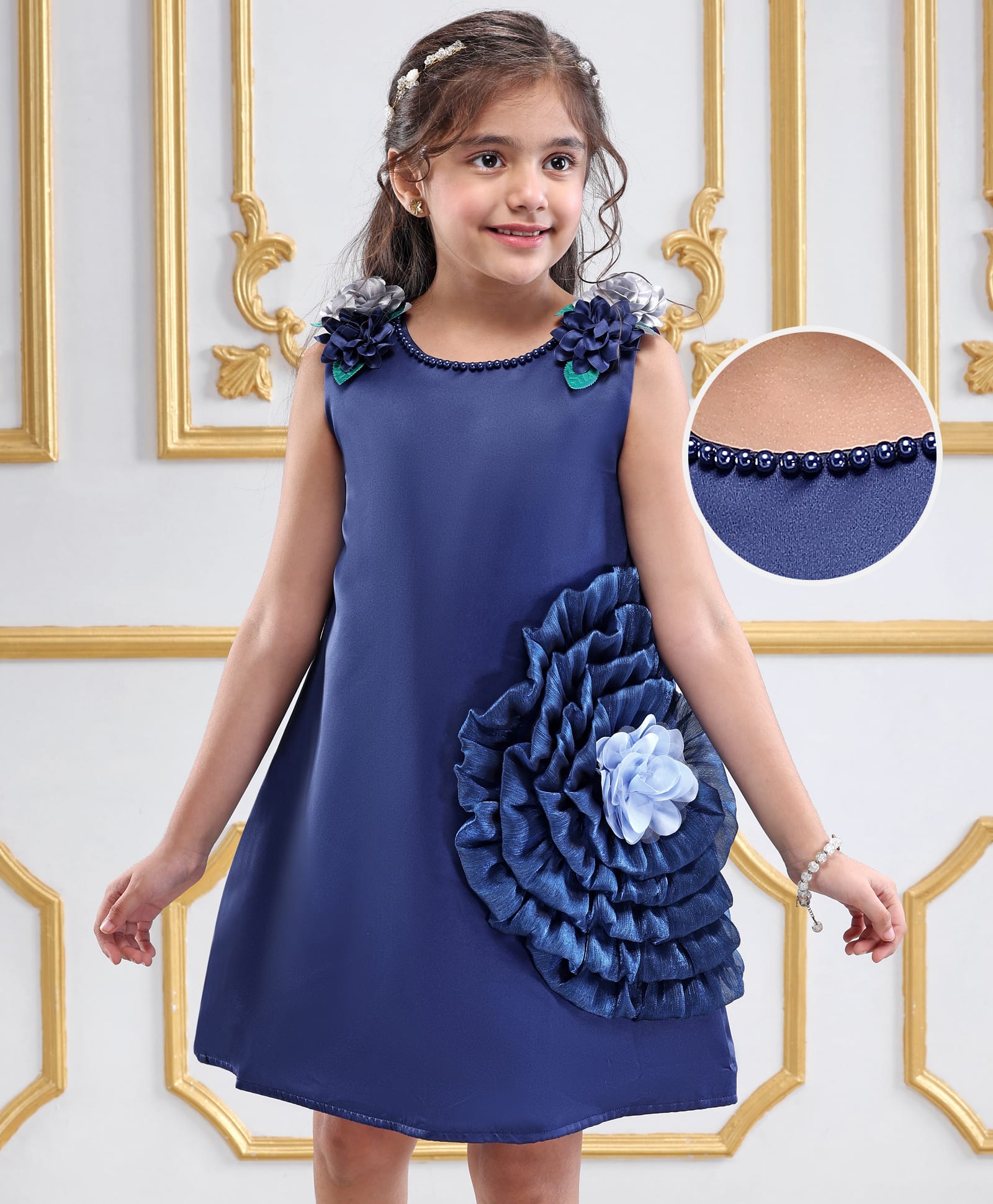 Mark & Mia Woven Sleeveless Party Dress With Floral Corsage - Navy Blue-image-45