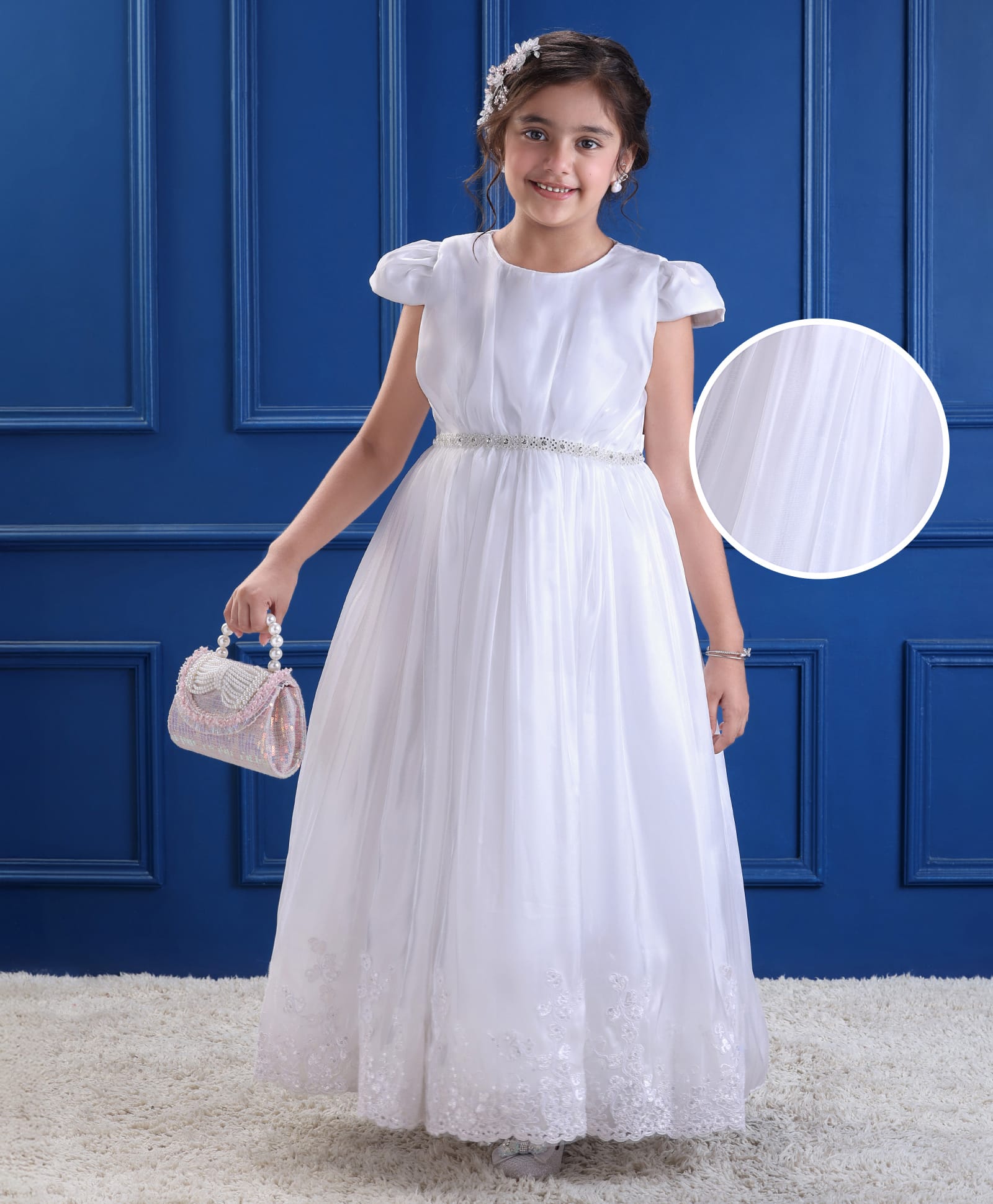 Mark & Mia Woven Cap Sleeves Party Gown With Floral Embroidery & Sequin Detailing - White-image-47