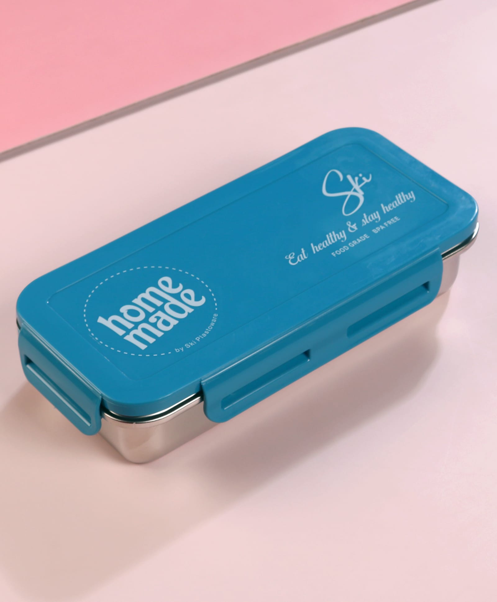 SKI Plastoware Nourish Single Wall Steel Lunch Box With Round Steel container & Steel Spoon 550 ml - Blue-image-10