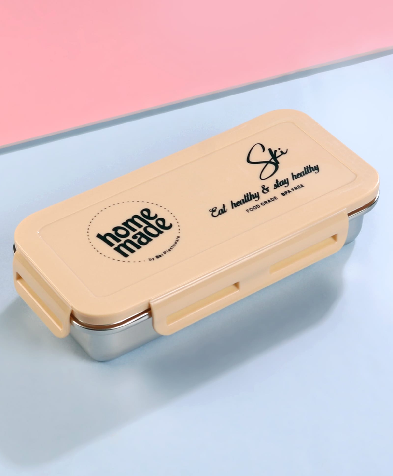 SKI Plastoware Nourish Single Wall Steel Lunch Box With Round Steel container & Steel Spoon 550 ml - Light Brown-picture-21