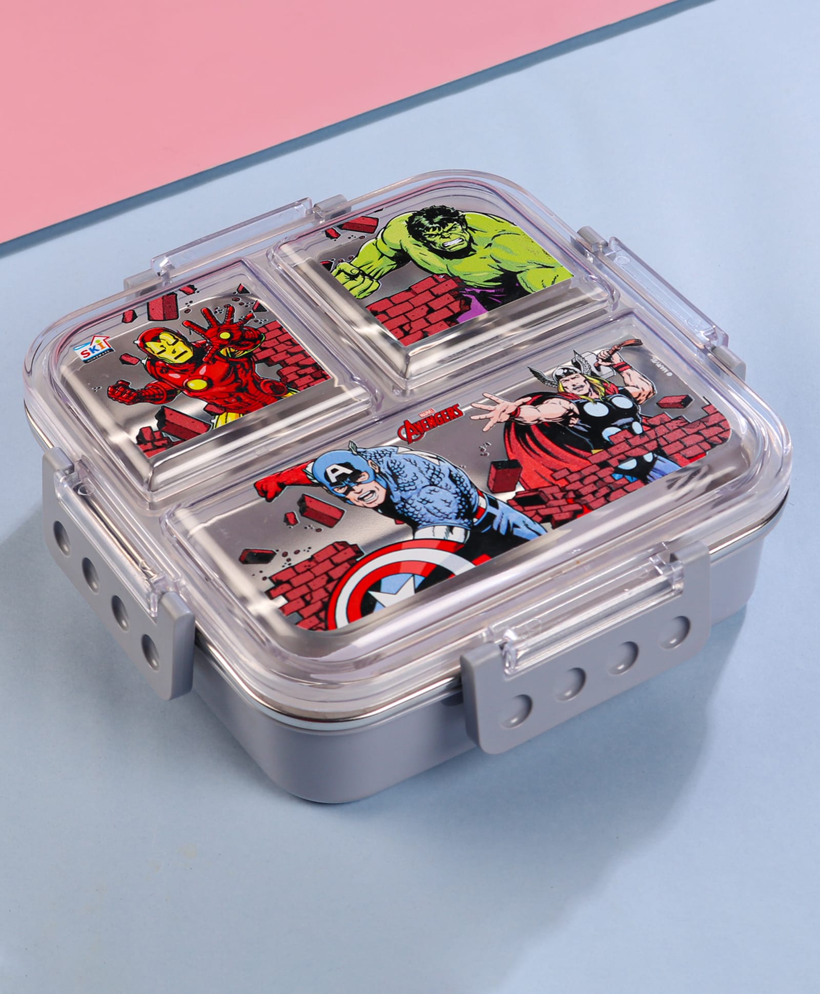 Marvel by SKI Avengers Brunch 3 Compartment Steel Inner Insulated Bento Lunch Box 600 ml - White & Grey