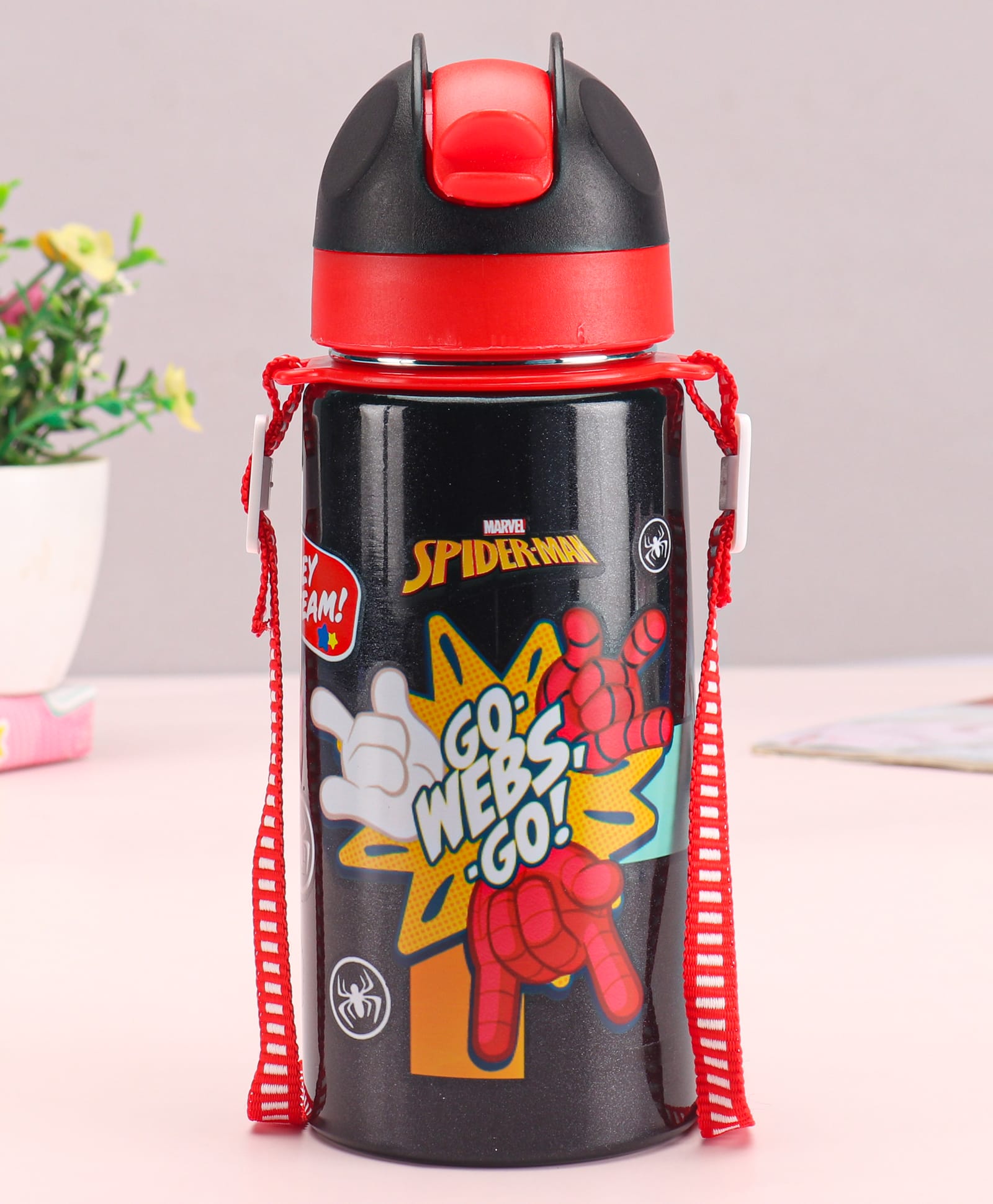 Marvel by SKI Stainless Steel Single Wall Water Bottle With Spiderman Tango Print Red & Black - 550 ml-image-12