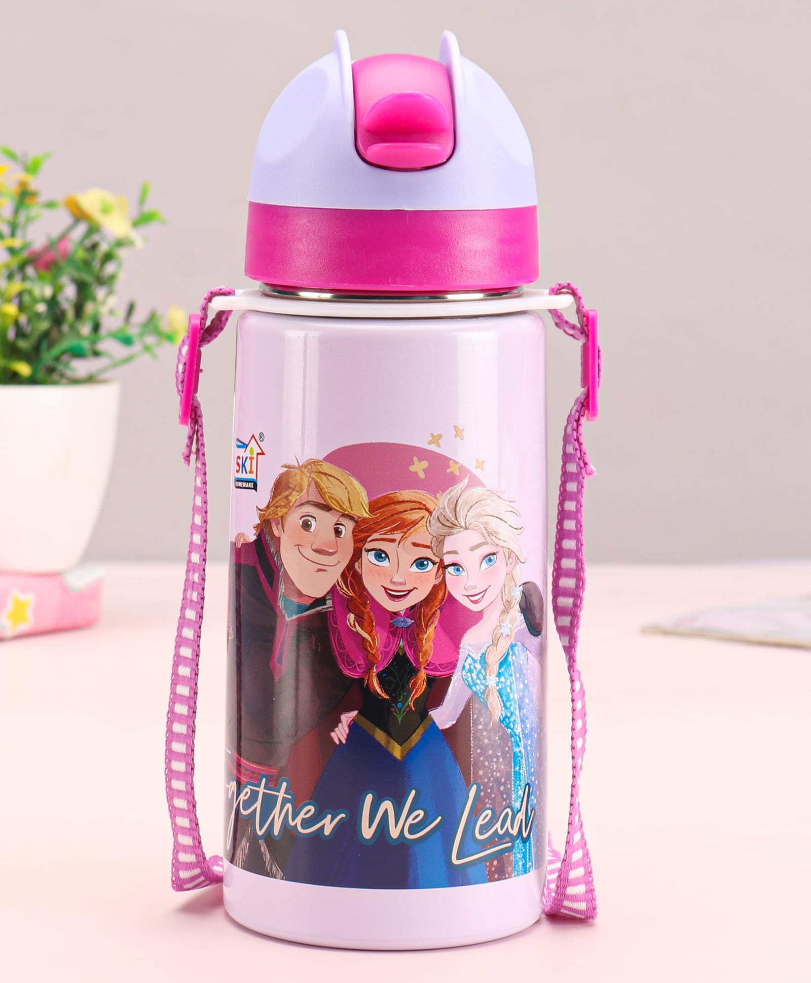 Disney by SKI Stainless Steel Single Wall Water Bottle With Frozen Tango Print Pink & Blue - 550 ml