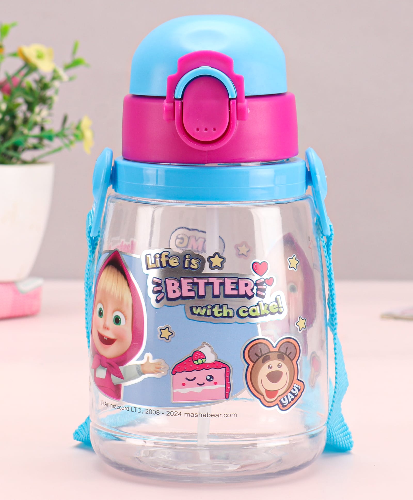 Masha & The Bear Celina Water Bottle With Straw & Sling Pink & Blue- 450 ml-image-6