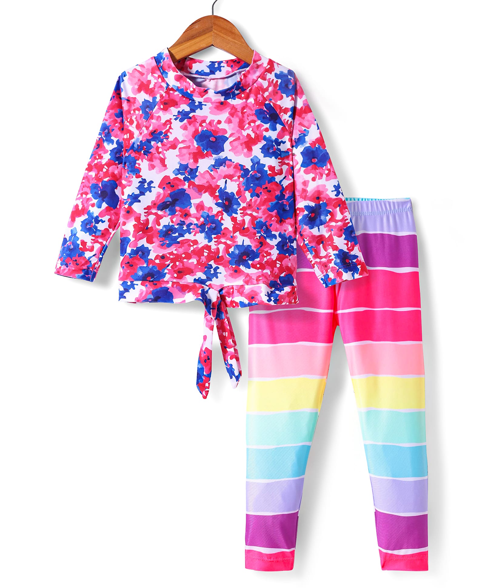KIDLINGSS Full Sleeves Floral & Striped Printed Top & Leggings - Dark Pink-image-36