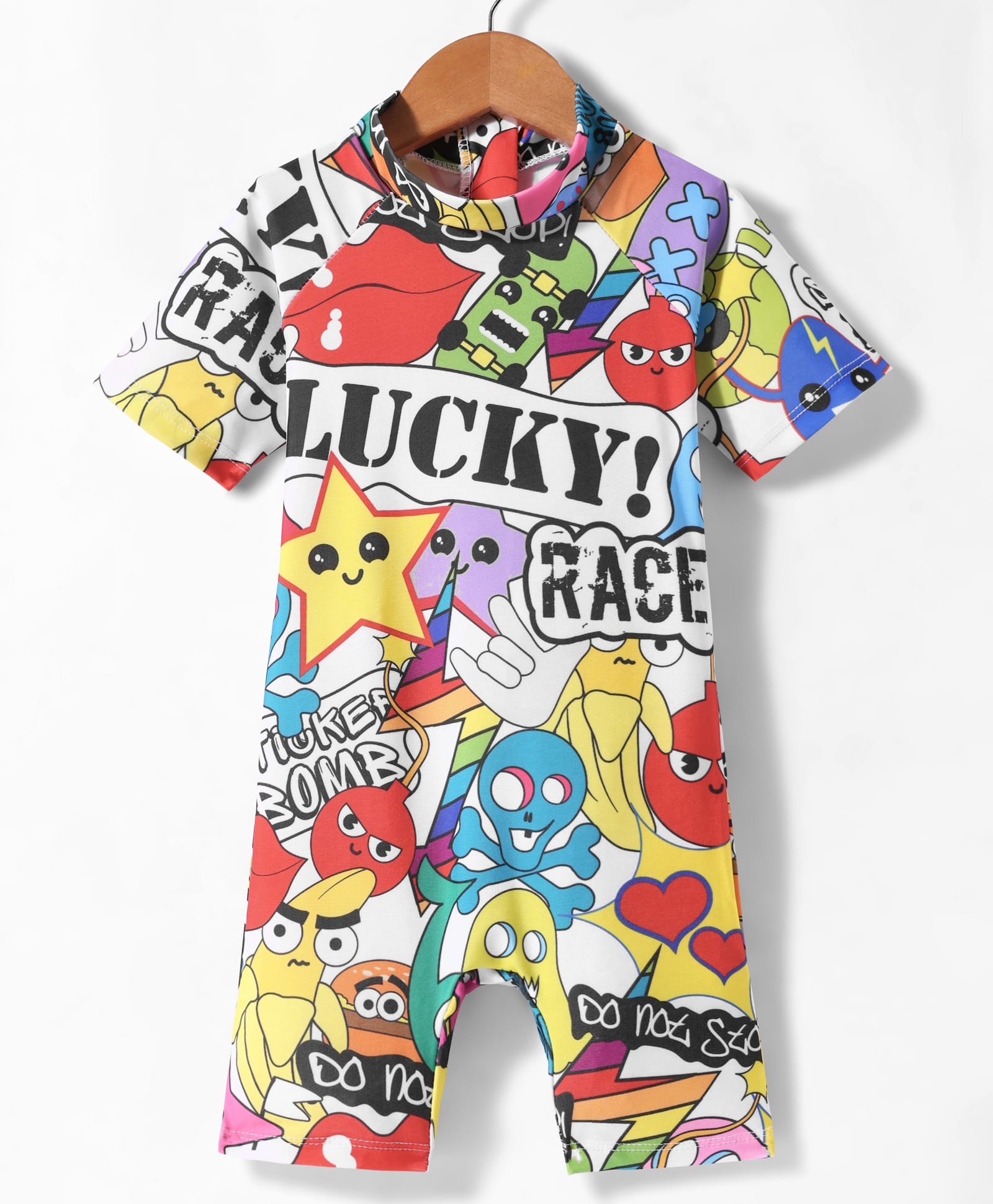 KIDLINGSS Half Sleeves Lucky Race Text Printed Legged Swimsuit - Multi Colour-picture-26