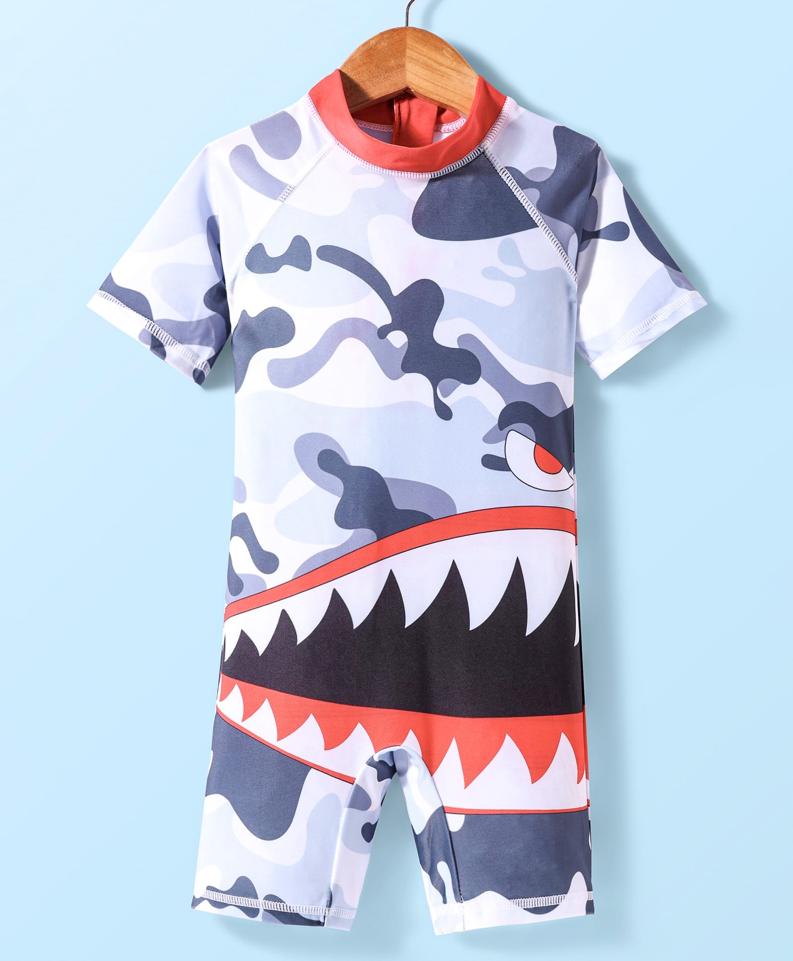 KIDLINGSS Half Sleeves Shark Printed Legged Swimsuit - White & Black-image-44