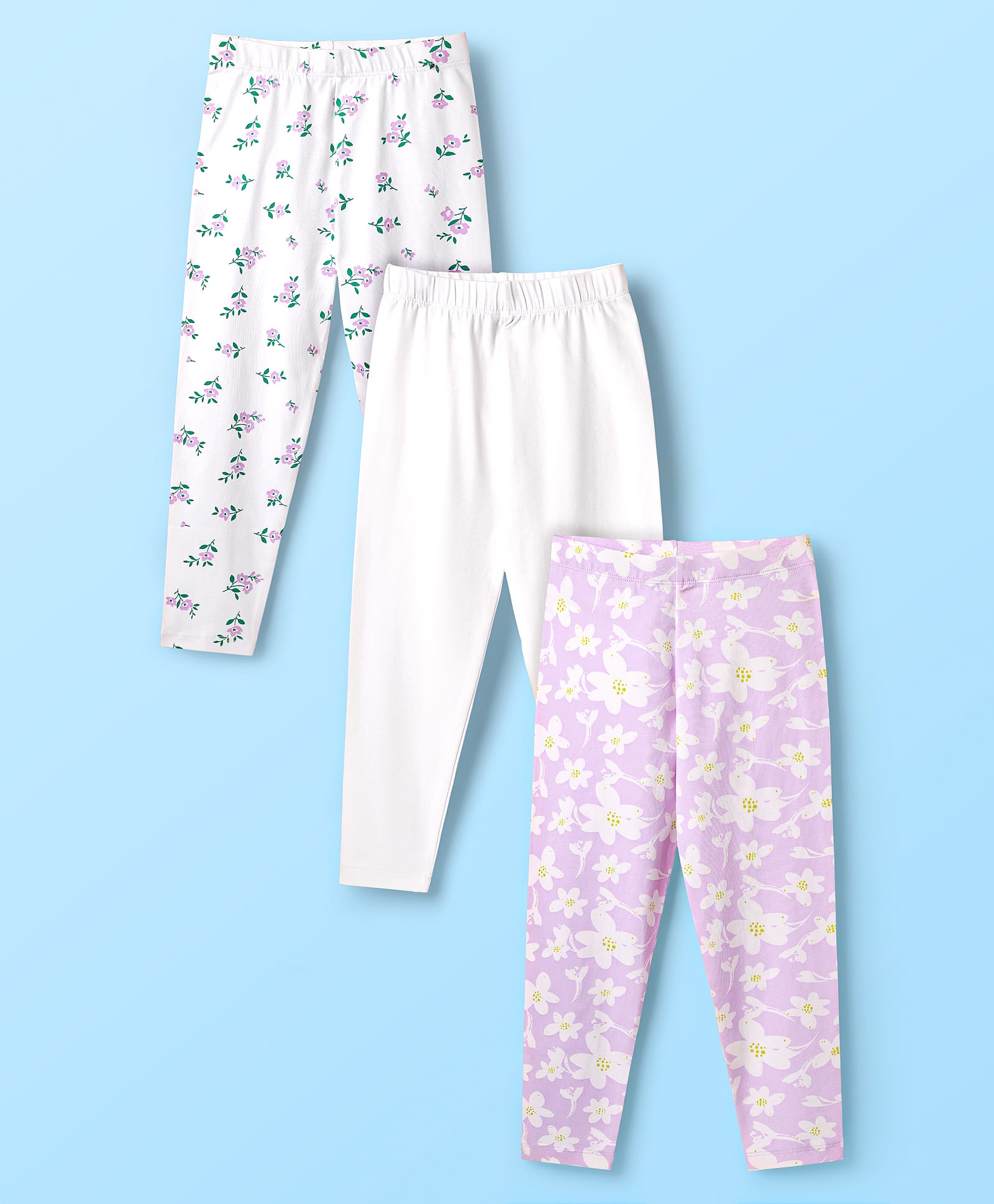 kookie kids india Kookie Kids Cotton Knit Full Length Leggings with Floral Print Pack of 3 - White & Lavender-picture-22