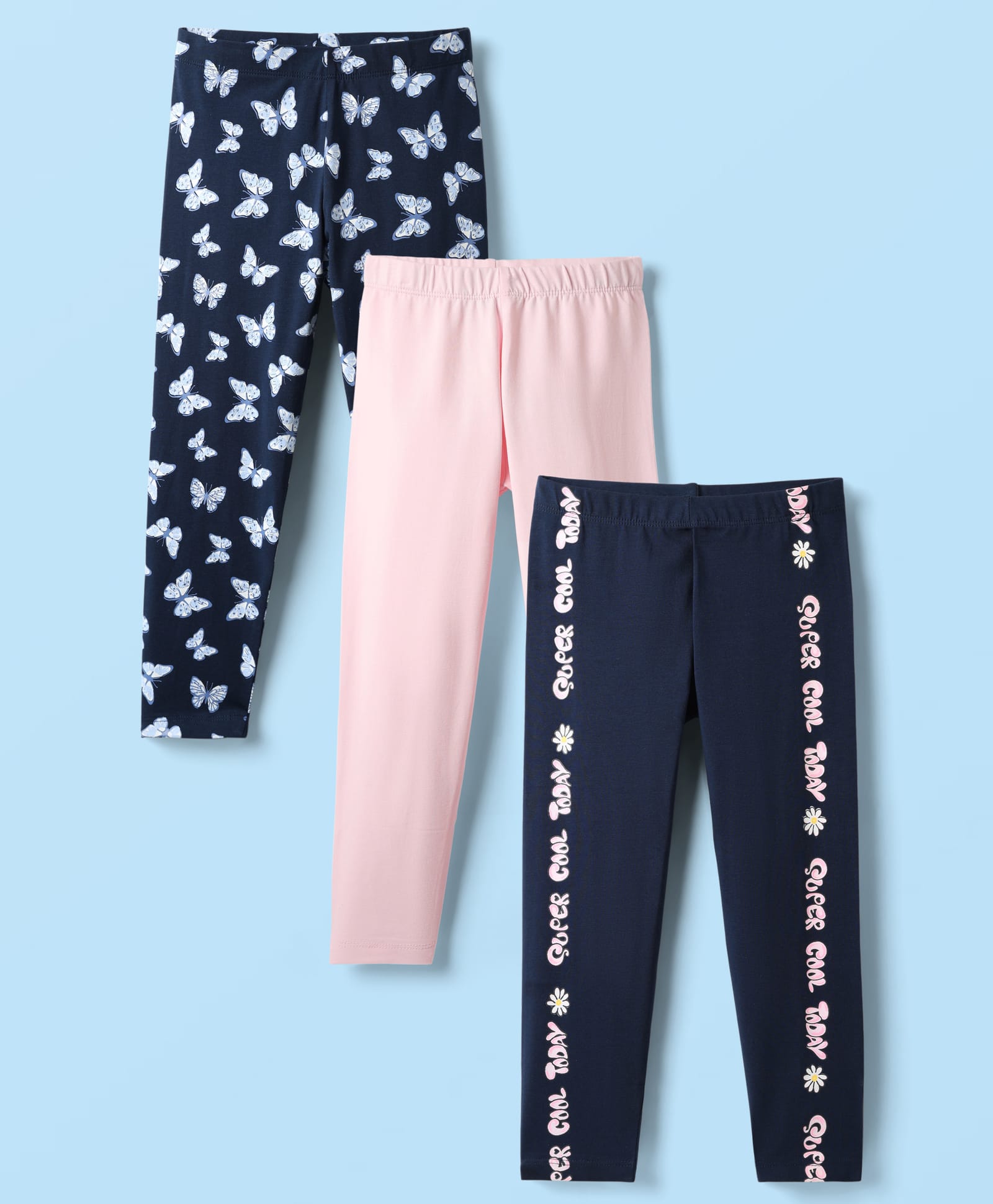 Kookie Kids Cotton Spandex Knit Full Length Solid & Butterfly Printed Leggings Pack of 3 - Navy Blue & Pink-image-27