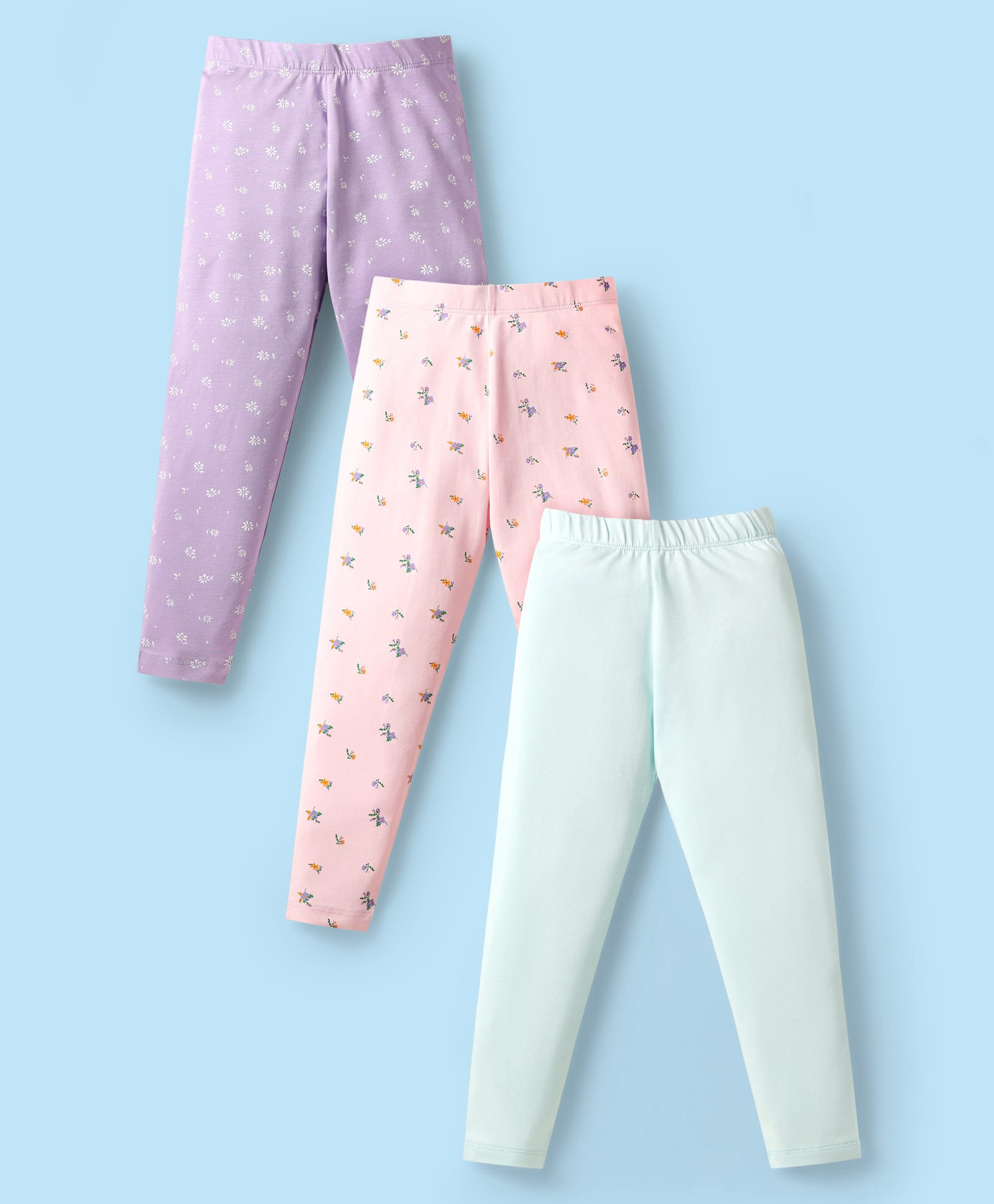 Kookie Kids Cotton Spandex Knit Full Length Leggings with Floral Print Pack of 3 - Lavender Mint & Pink-image-1