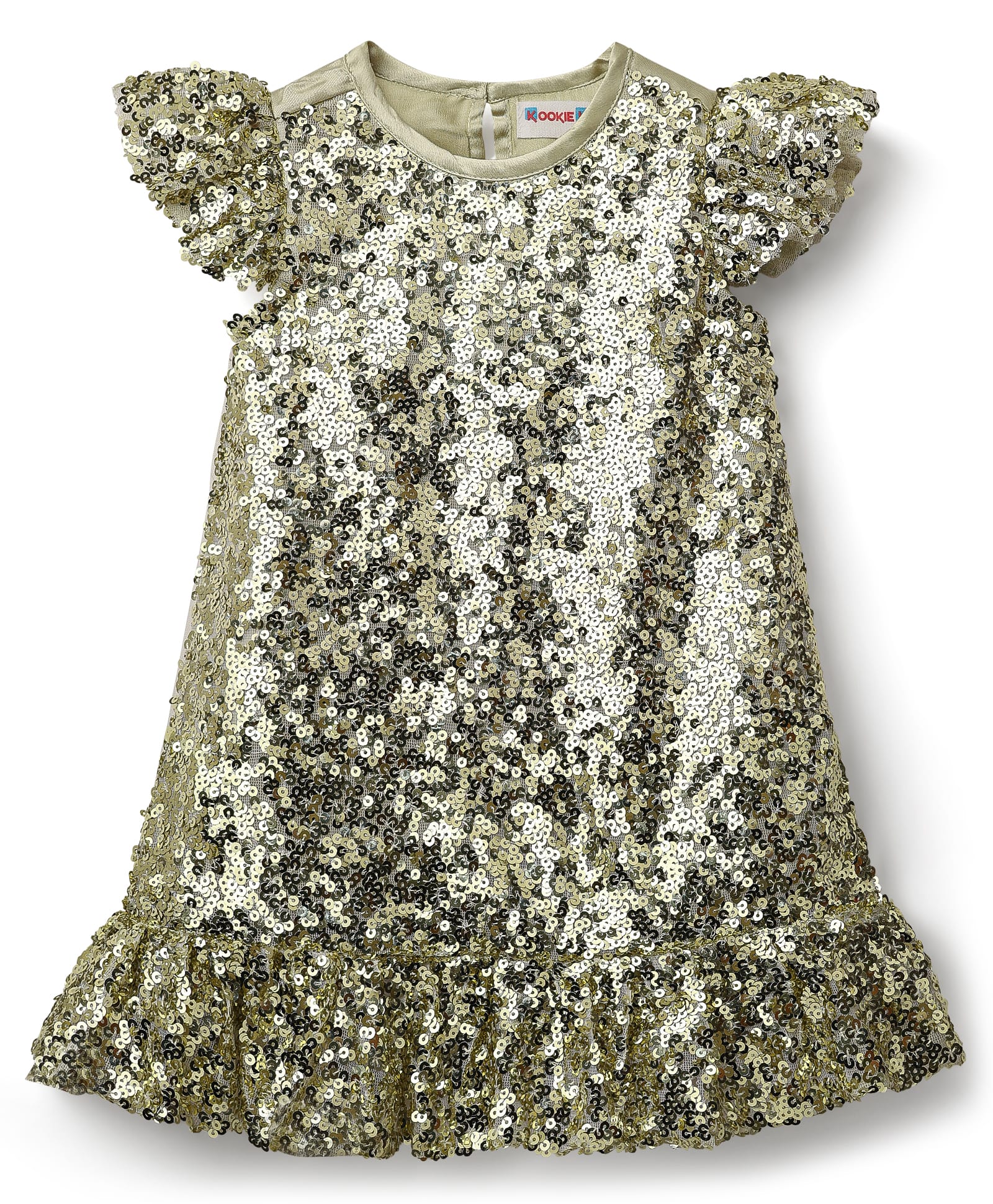 kookie kids india Kookie Kids Woven Frill Sleeves A-Line Party Dress With Sequin Detailing - Golden-picture-30
