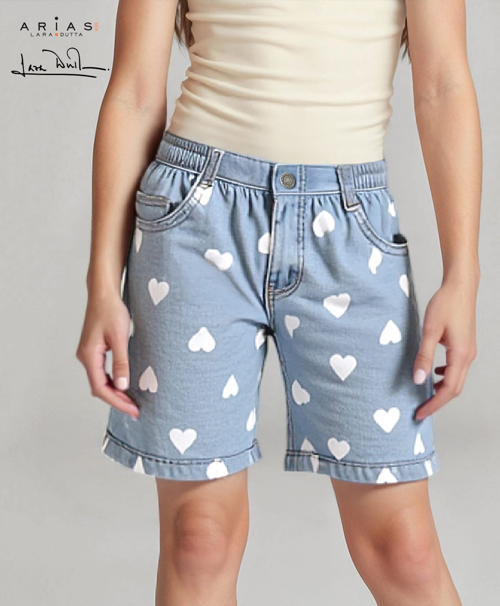 Arias By Lara Dutta Cotton Denim Medium WashedWoven Shorts With Heart Print - Blue-image-30