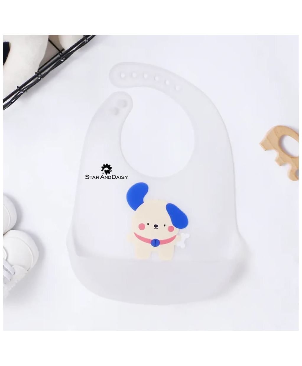 StarAndDaisy Reusable Silicone Baby Bib with Adjustable Buttons for Mess-Free Feeding, Weaning, and Easy Cleaning and Waterproof. (PACK OF 2-PRINTED White)-picture-23