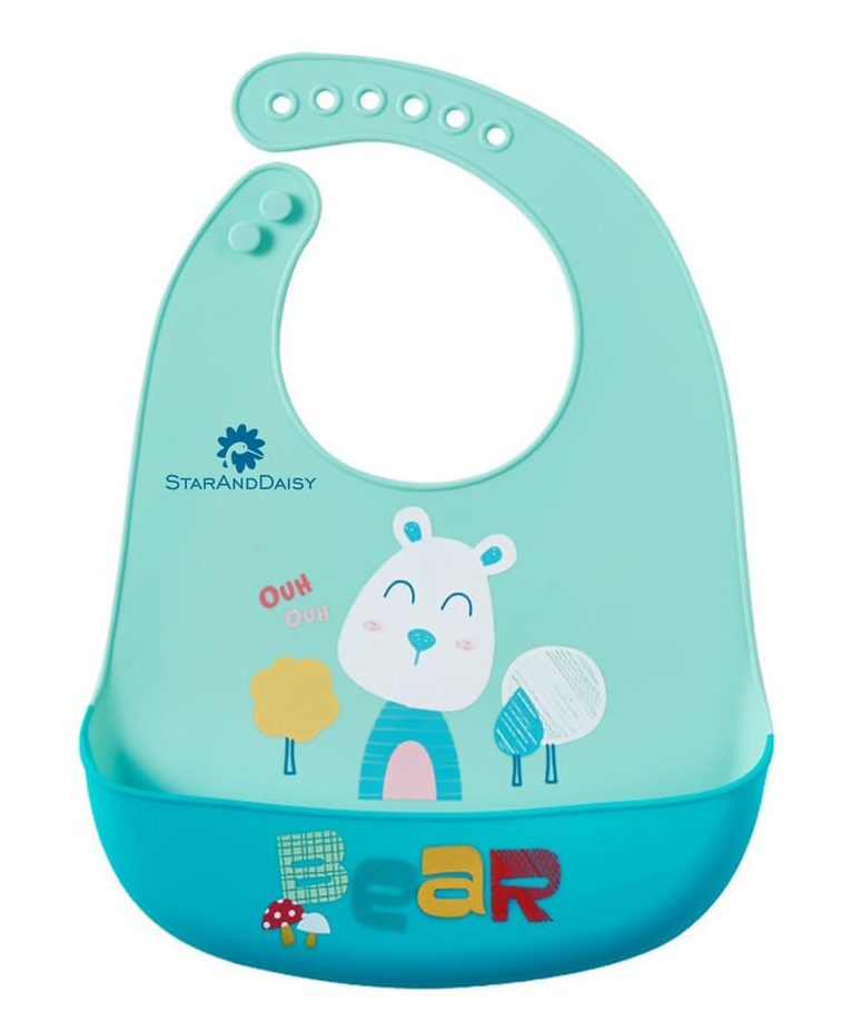 StarAndDaisy Reusable Silicone Baby Bib with Adjustable Buttons for Mess-Free Feeding, Weaning, and Easy Cleaning and Waterproof. (PACK OF 2-BEAR PRINT BLUE)-image-26