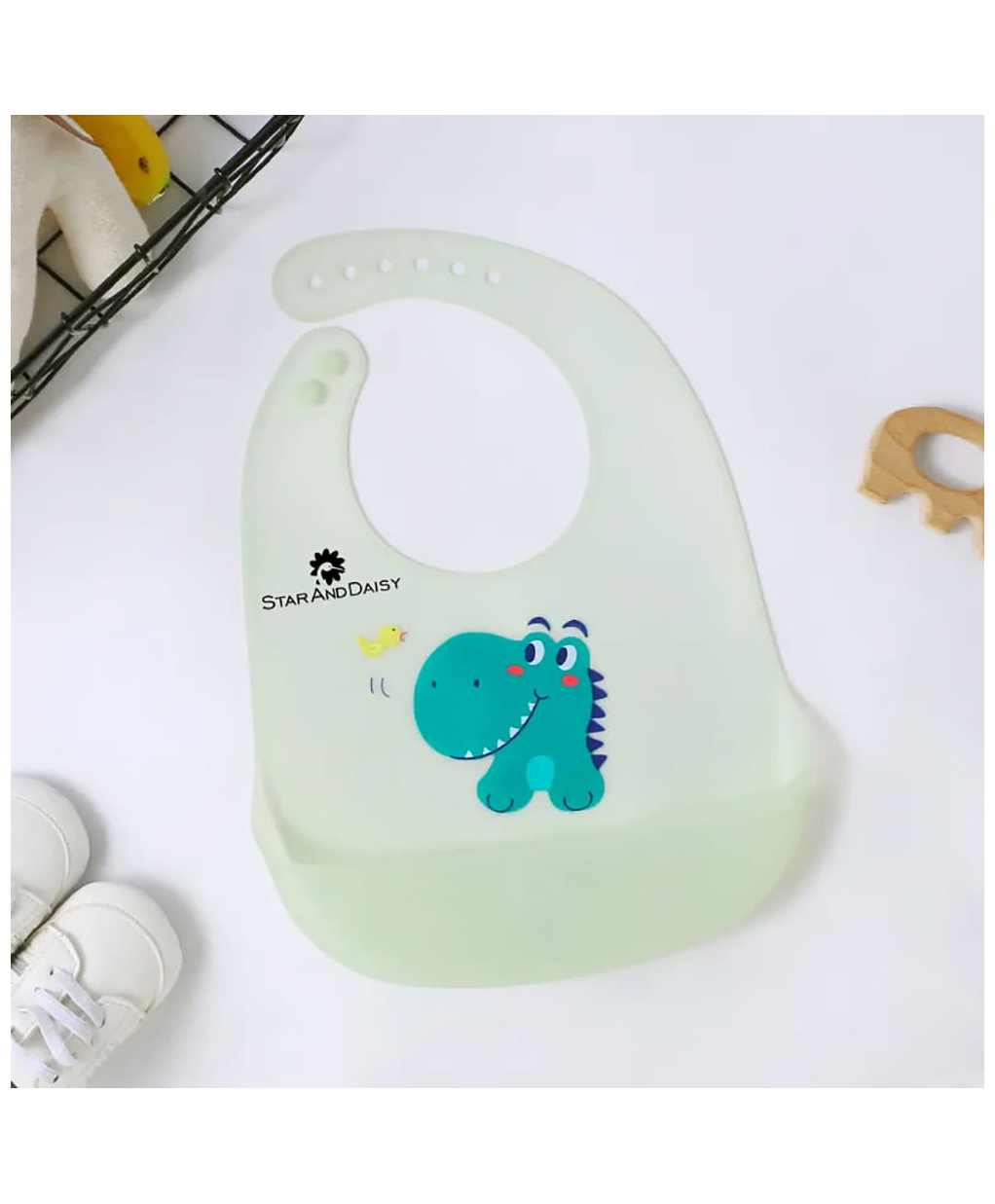 StarAndDaisy Reusable Silicone Baby Bib with Adjustable Buttons for Mess-Free Feeding, Weaning, and Easy Cleaning and Waterproof. (Printed-Light Green)(Pack of Two)-image-23