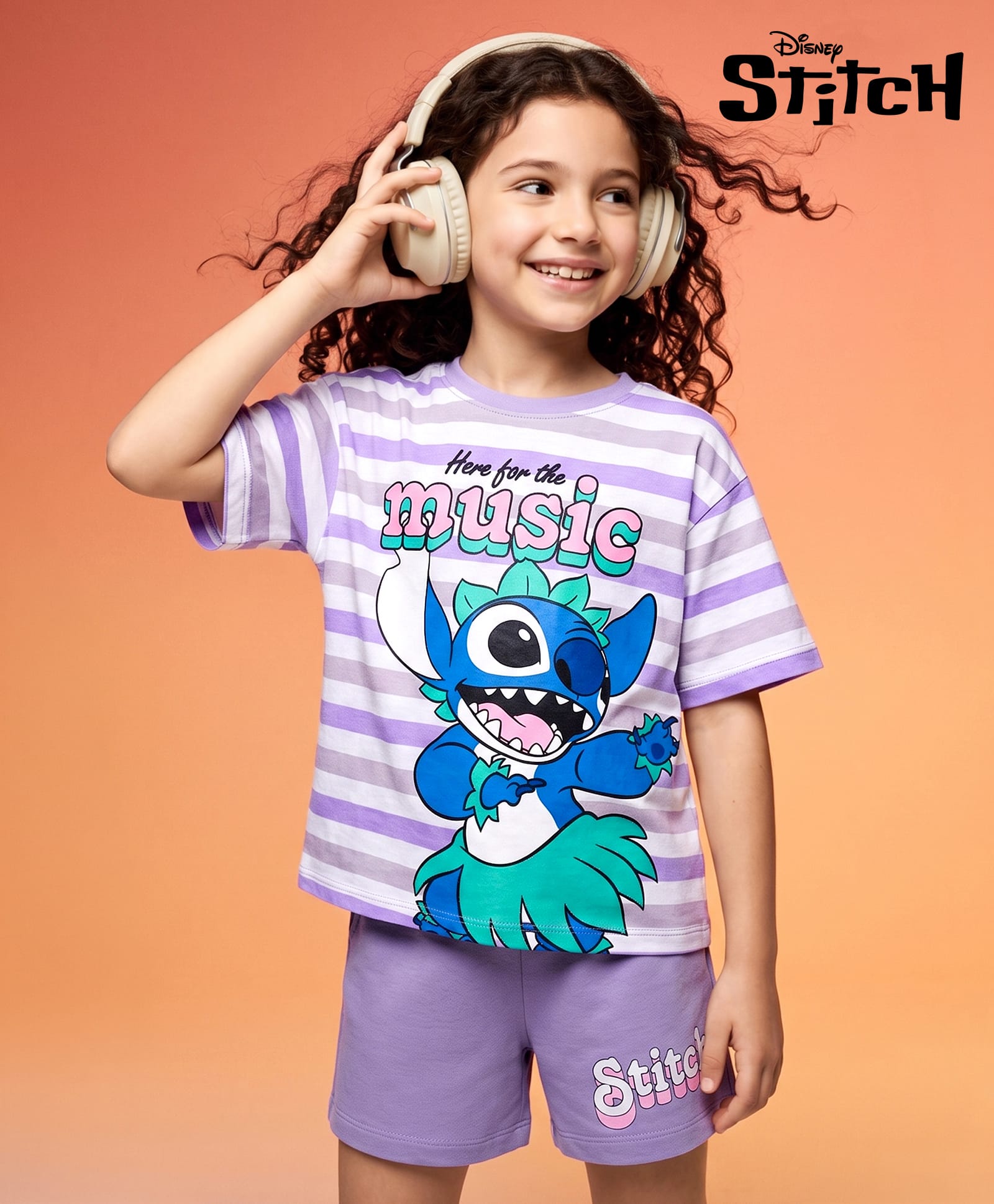 Pine KIds Disney Single Jersey Knit Over Sized Drop Shoulder Half Sleeves T-Shirt & Shorts Set with Lilo & Stitch Print - Lilac-picture-22