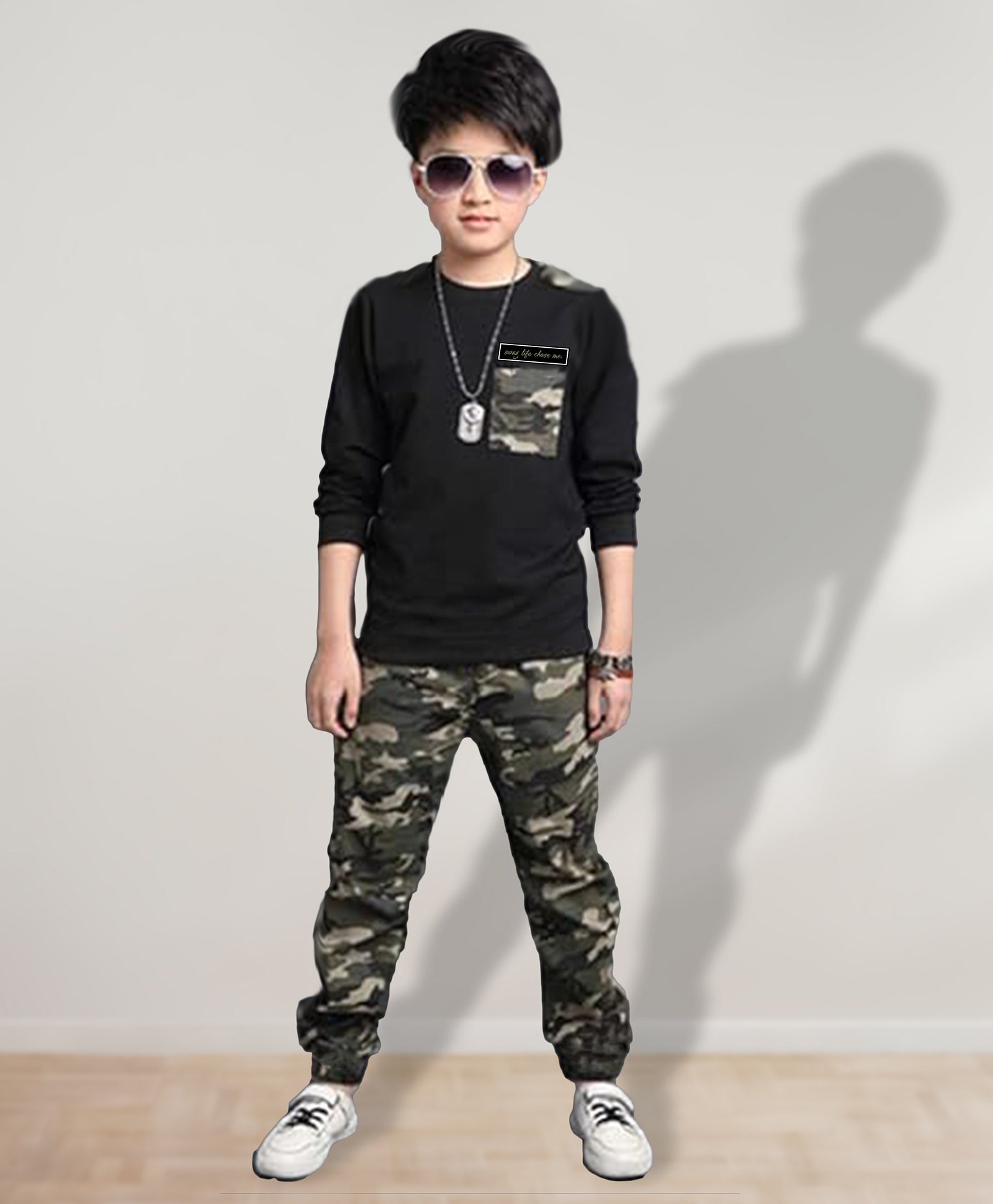 J&JP Cotton Full Sleeves Camouflage Printed Coordinating Tee & Joggers Set - Black-image-34