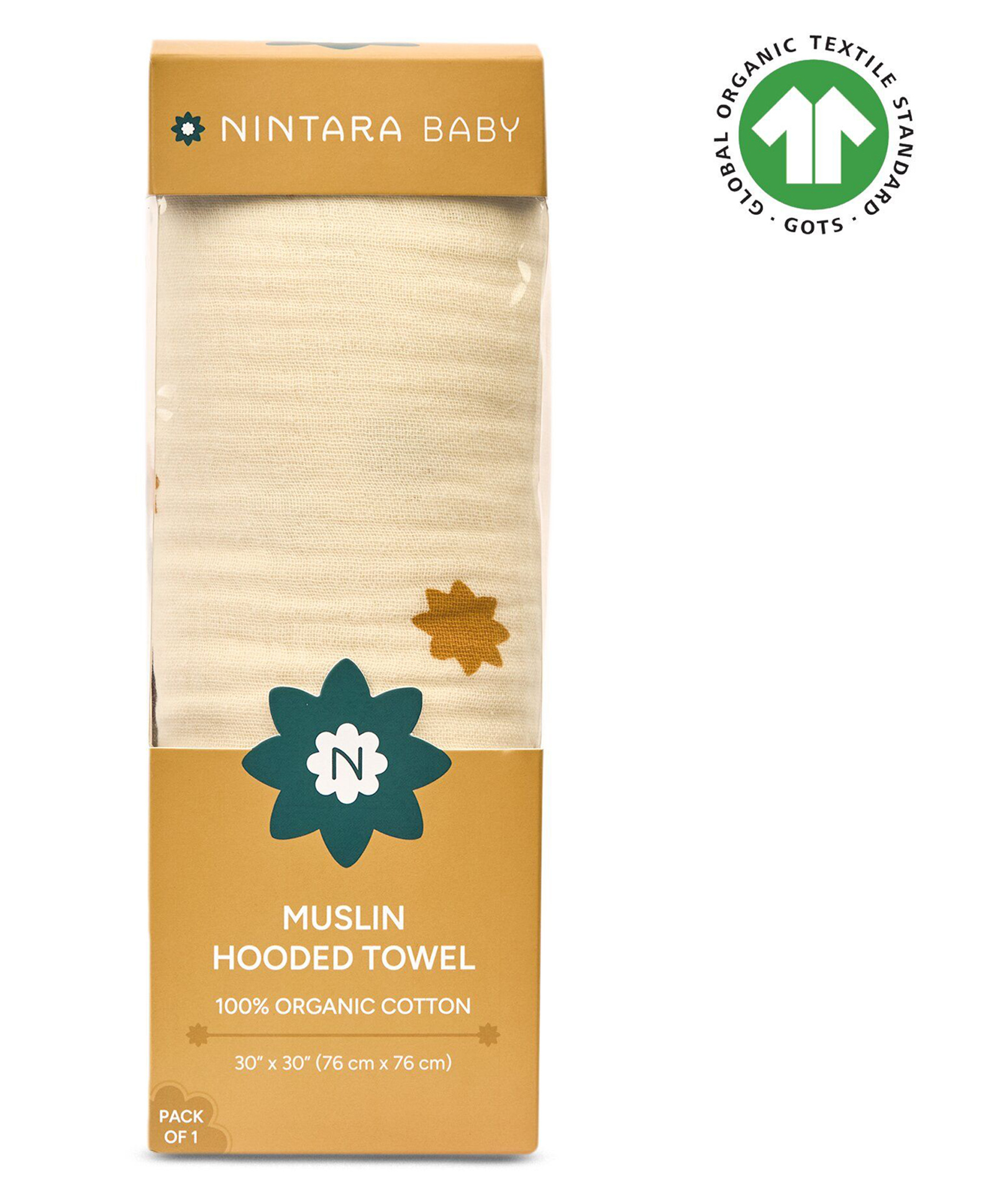 NINTARA BABY Ultra Absorbent Soft Pure Organic Cotton Hooded Towel Pack of 1 - Beige Stars-image-20