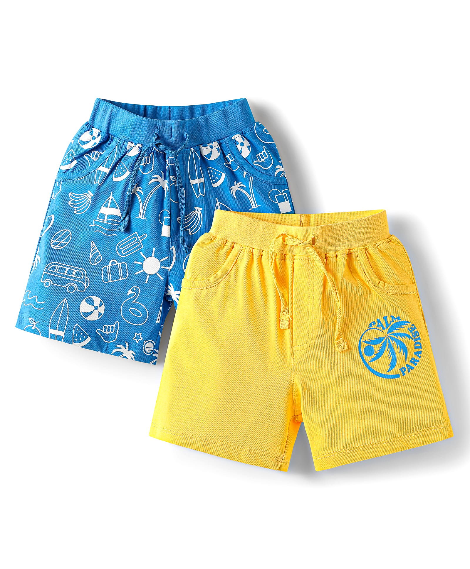 Doodle Poodle Cotton Knit Knee Length Shorts With Tropical Theme Pack Of 2 - Yellow & Blue-picture-25