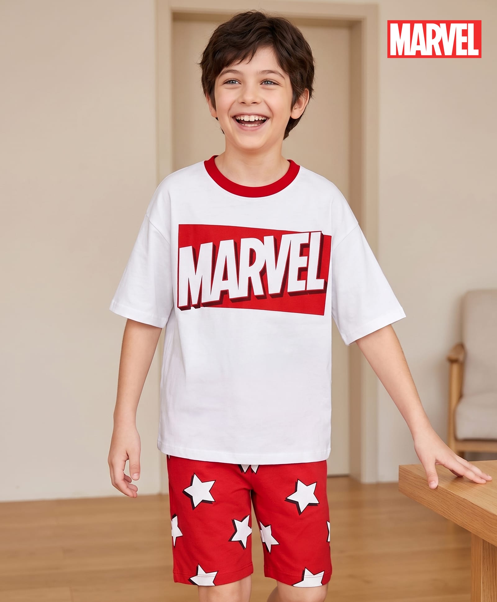 Pine Kids Marvel Single Jersey Knit Half Drop Shoulder Sleeves Oversized Shorts Night Suit with Avengers Graphics - Red & White-image-41