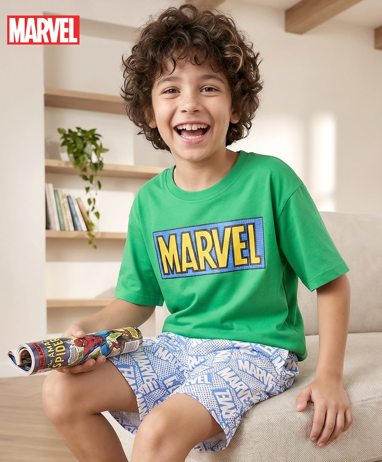 Pine Kids Marvel 100% Cotton Over Size Drop Shoulder Half Sleeves Shorts Night Suit With Avenger Graphics - Multi Colour-image-40