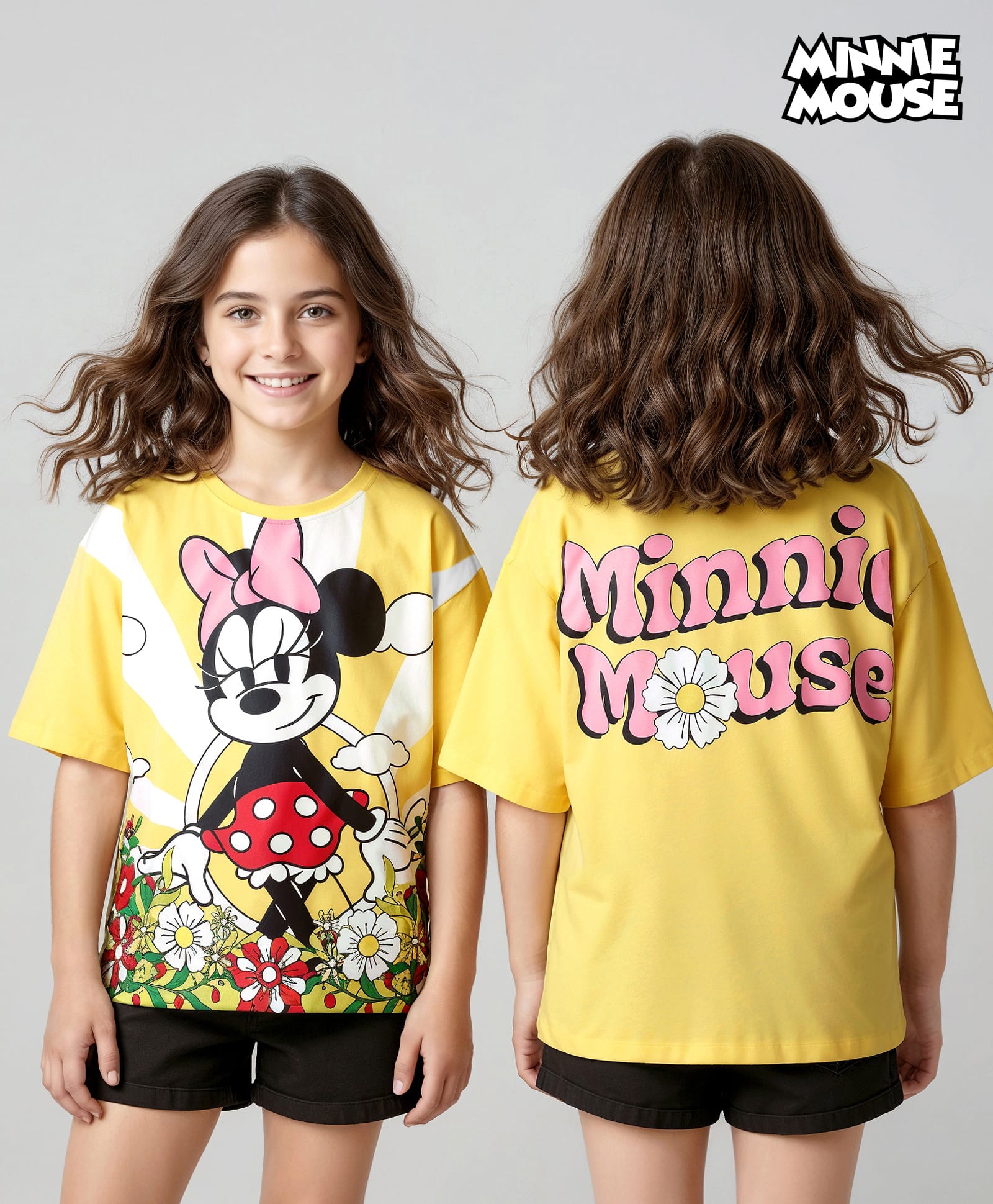 Pine Kids Disney Single Jersey Knit Oversize Drop Shoulder Half Sleeves T-Shirt with Front and Back Minnie Mouse Graphics - Yellow-picture-16