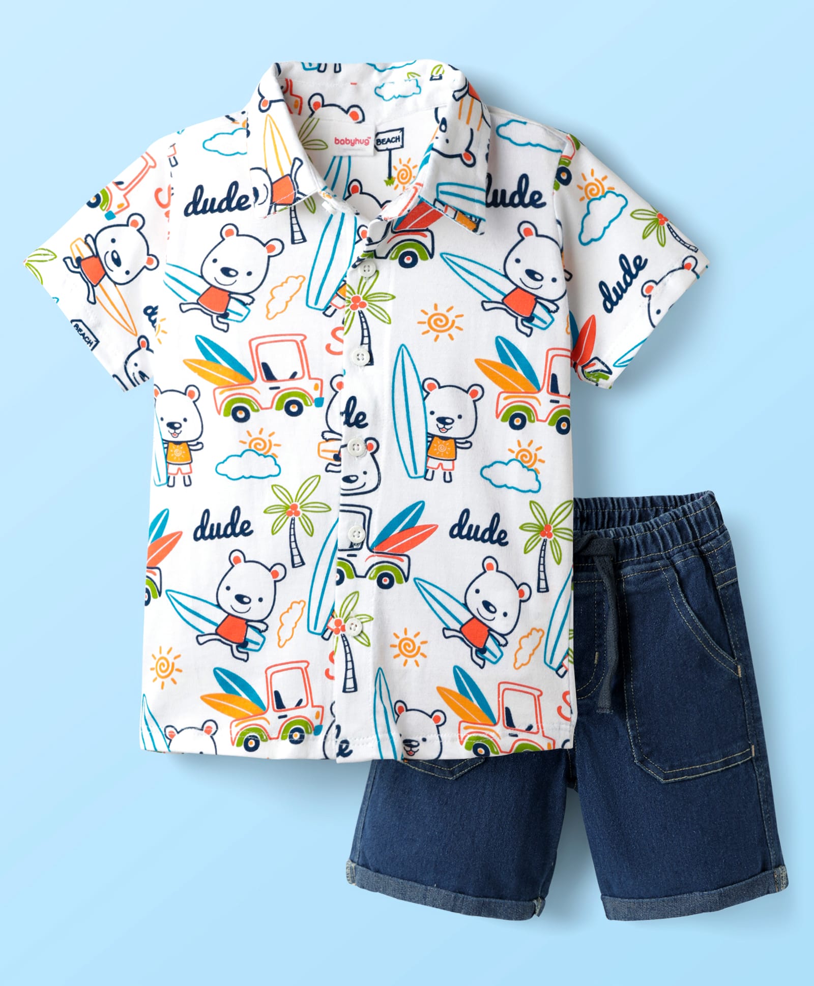 Babyhug Poplin Woven Half Sleeves Beach Theme Printed Shirt & Shorts Set - White & Navy Blue-image-45
