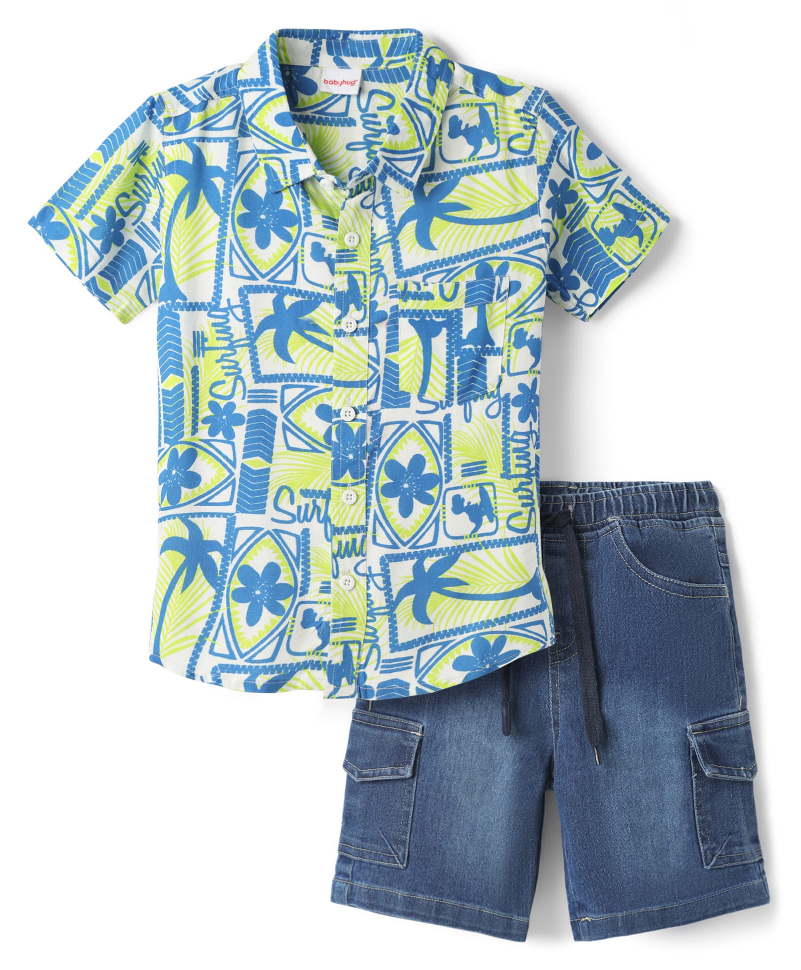 Babyhug Poplin Woven Half Sleeves Shirt & Denim Shorts Set With Beach Theme Print - Blue-image-18