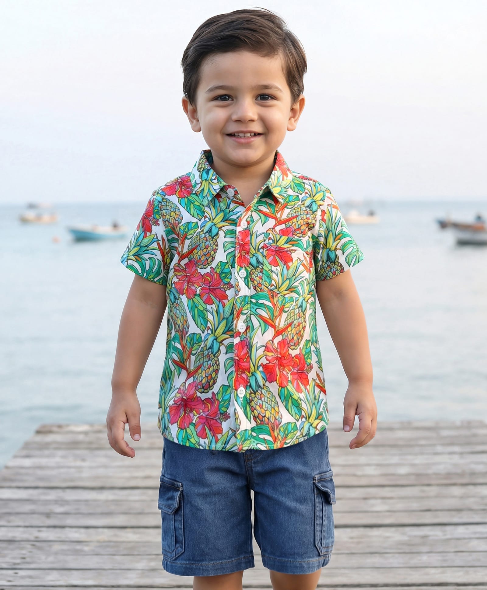 Babyhug Rayon Woven Half Sleeves Shirt & Denim Shorts Set with Tropical Theme Print - Blue-image-6