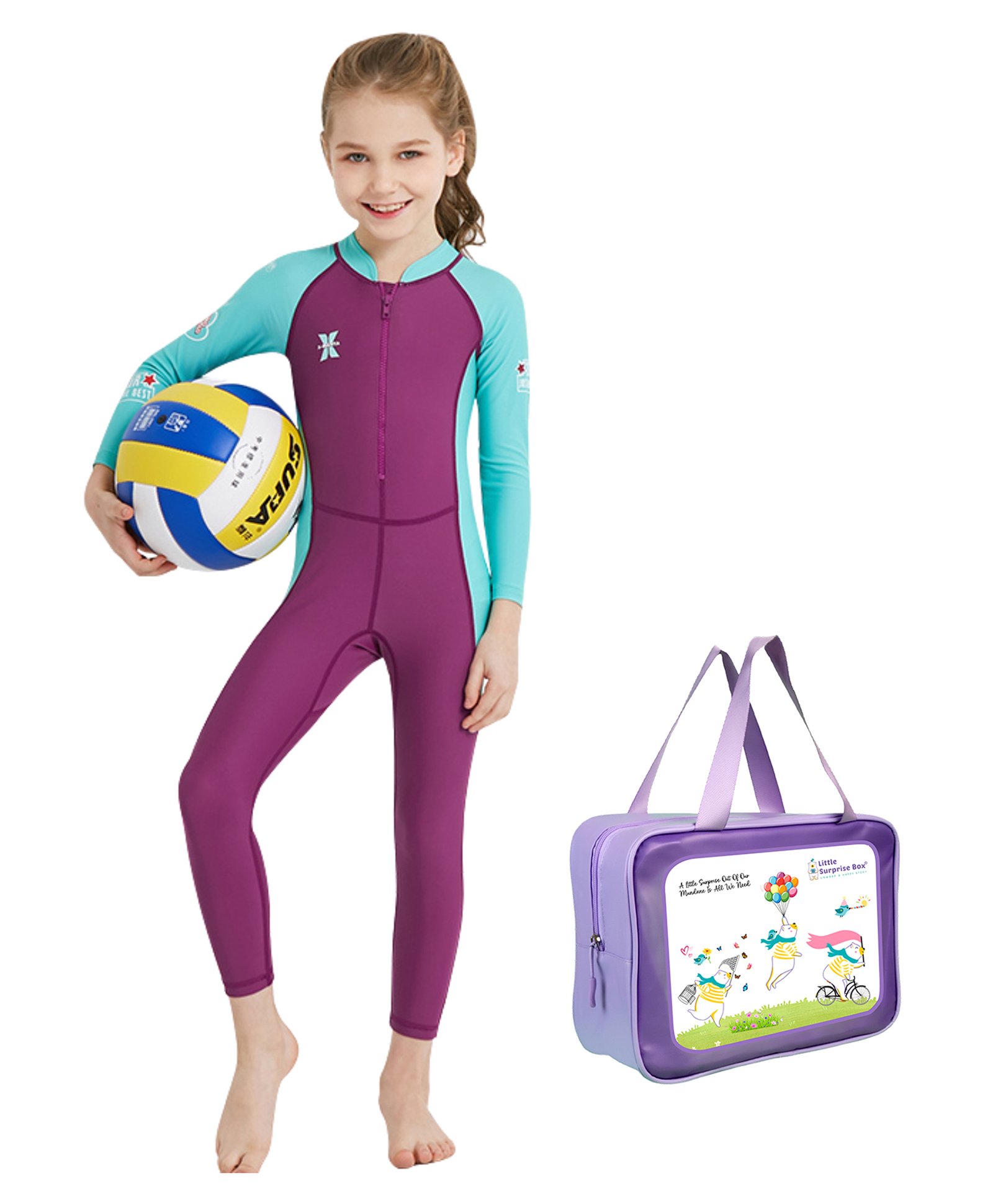 Little Surprise Box Spandex Full Sleeves Swimsuit With Bag Set - Maroon & Mint-image-10
