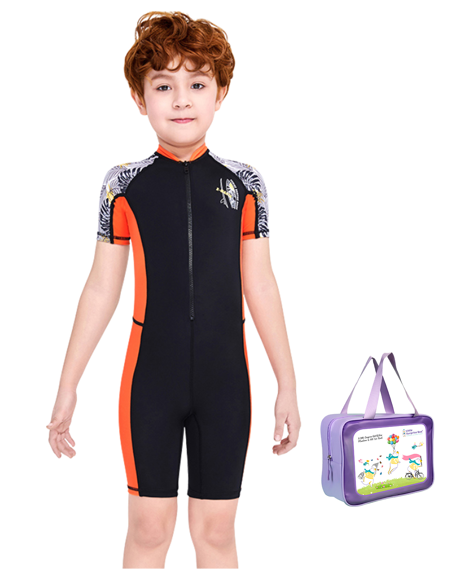 Little Surprise Box Spandex Half Sleeves Leaves Printed Swimsuit With Bag Set - Orange & Black-image-43