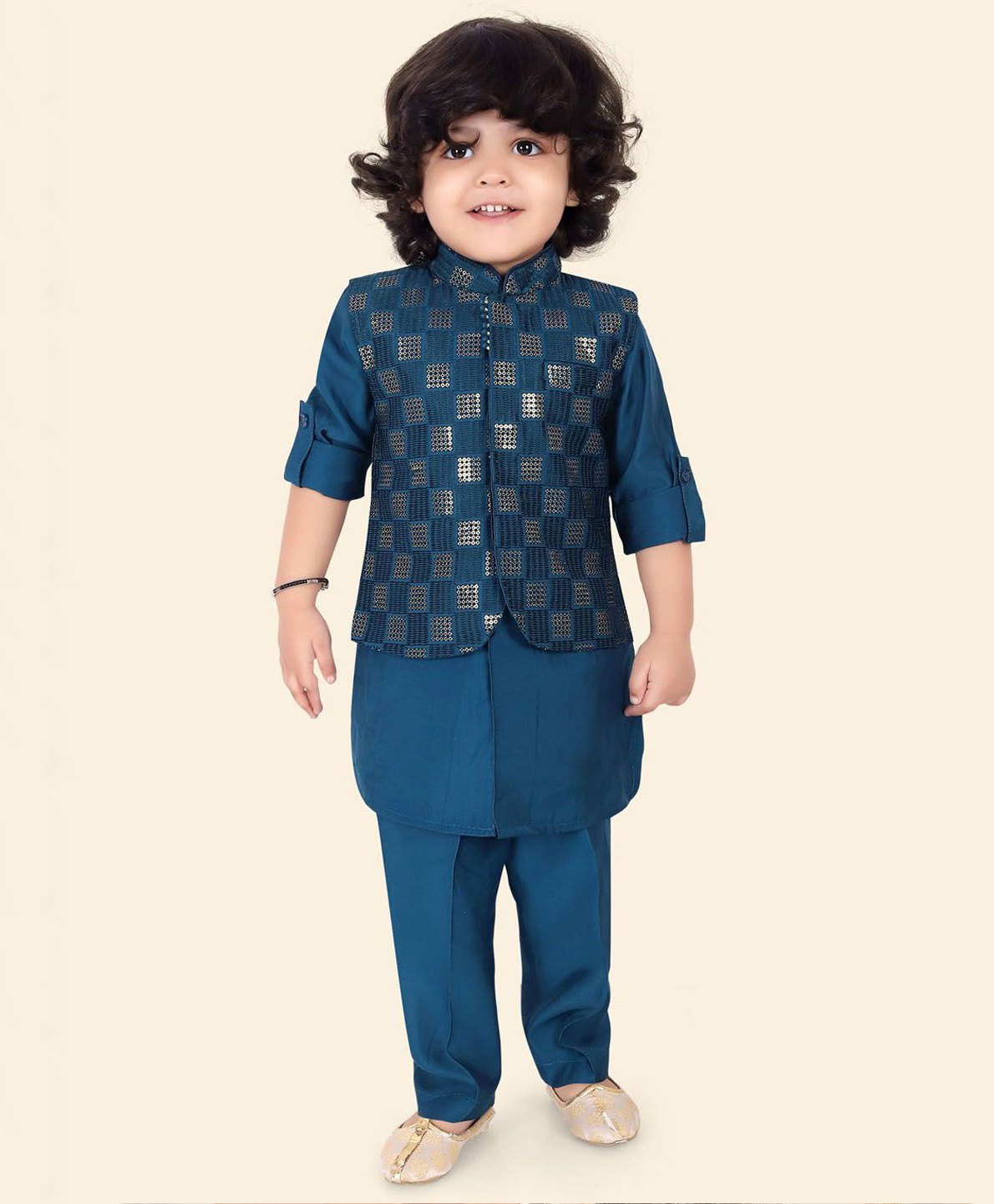 little desi Silk Woven Full Sleeves Solid Kurta Pyjama With Check Sequins Embellished & Threadwork Embroidered Jacket Set - Peacock-image-17