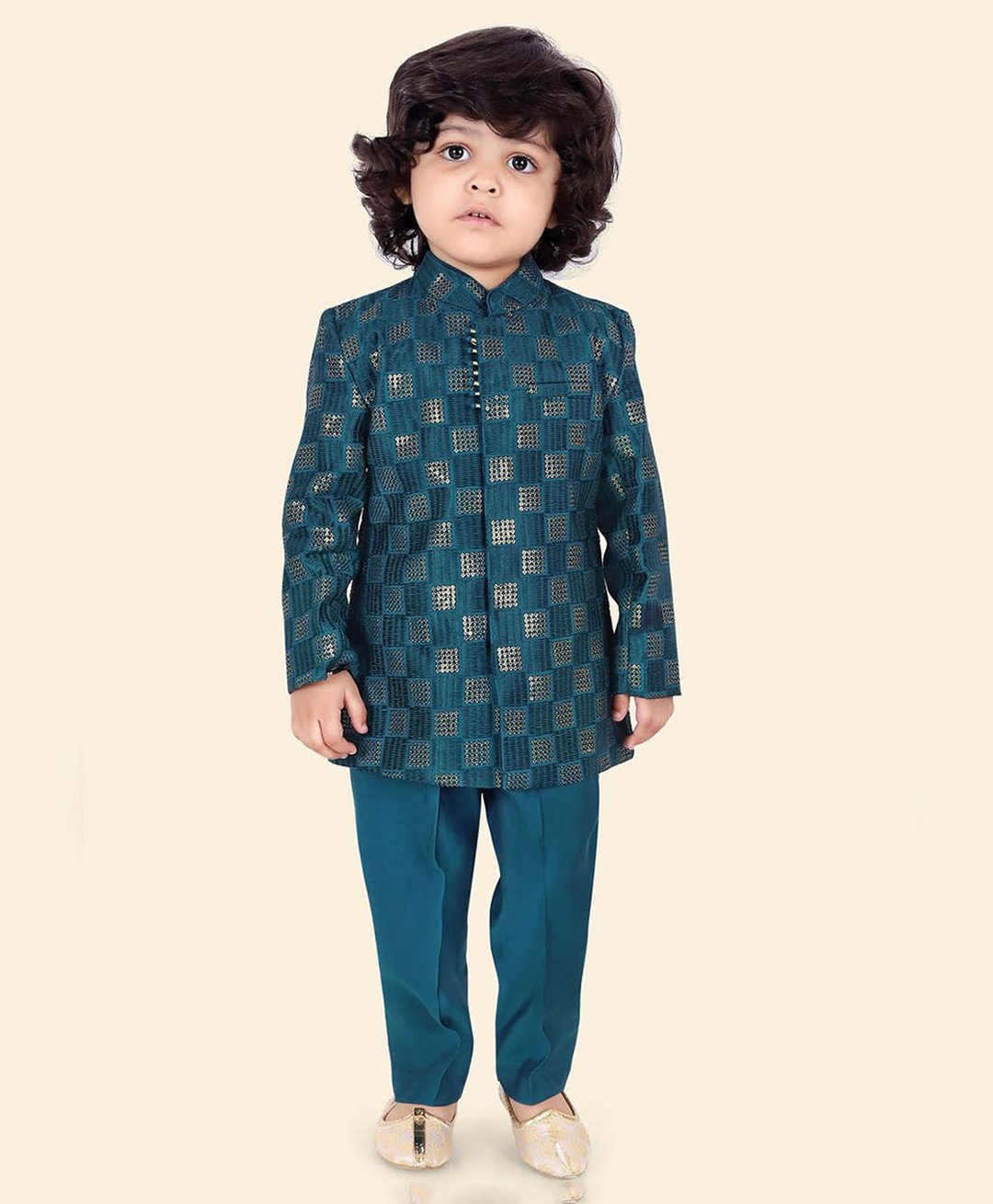 little desi Silk Full Sleeves Threadwork Embroidered Sequins Embellished Kurta Pyjama Set - Peacock-picture-3