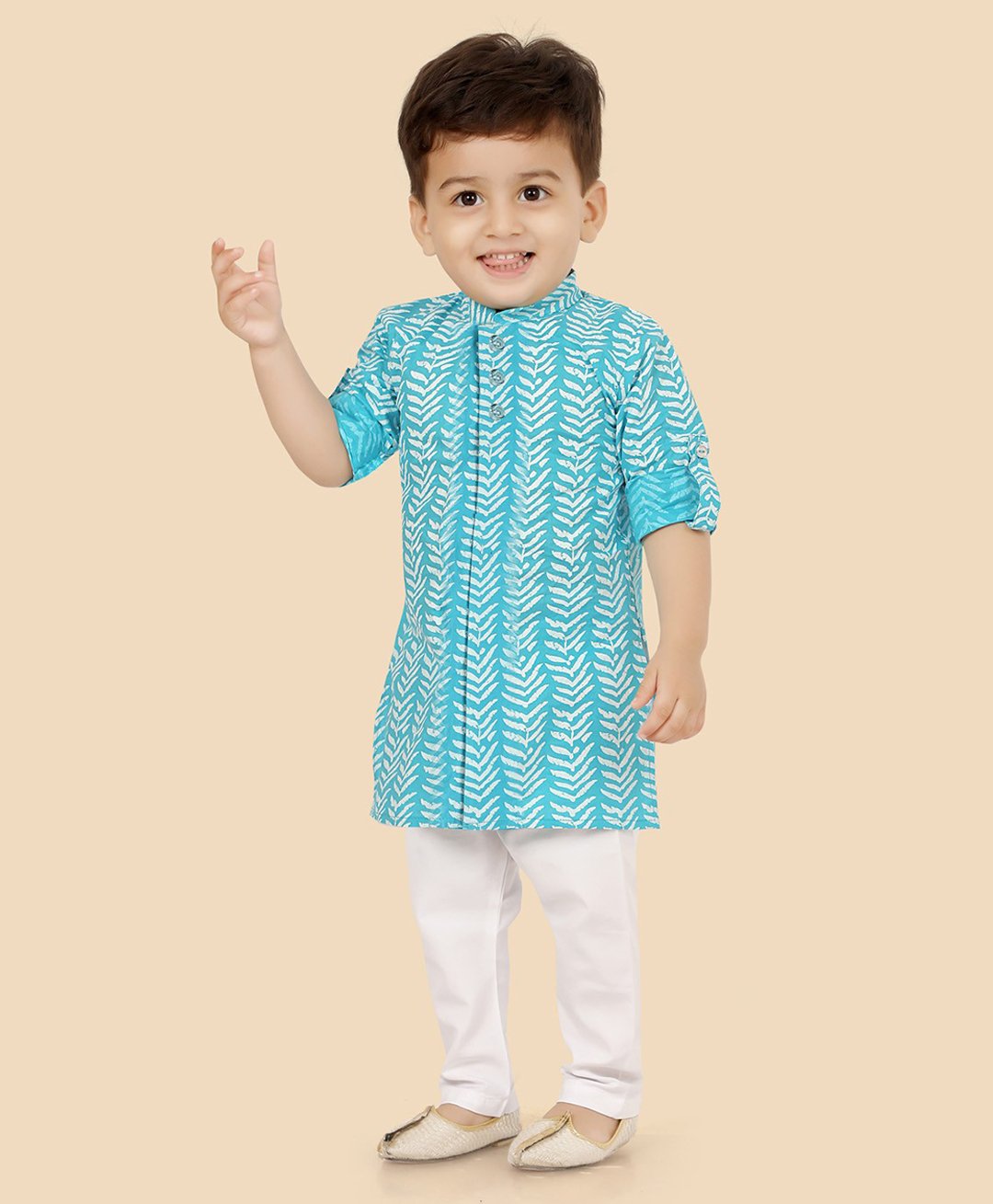 little desi Cotton Full Sleeves Ethnic Printed Kurta Pyjama Set - Firozi Blue-picture-24