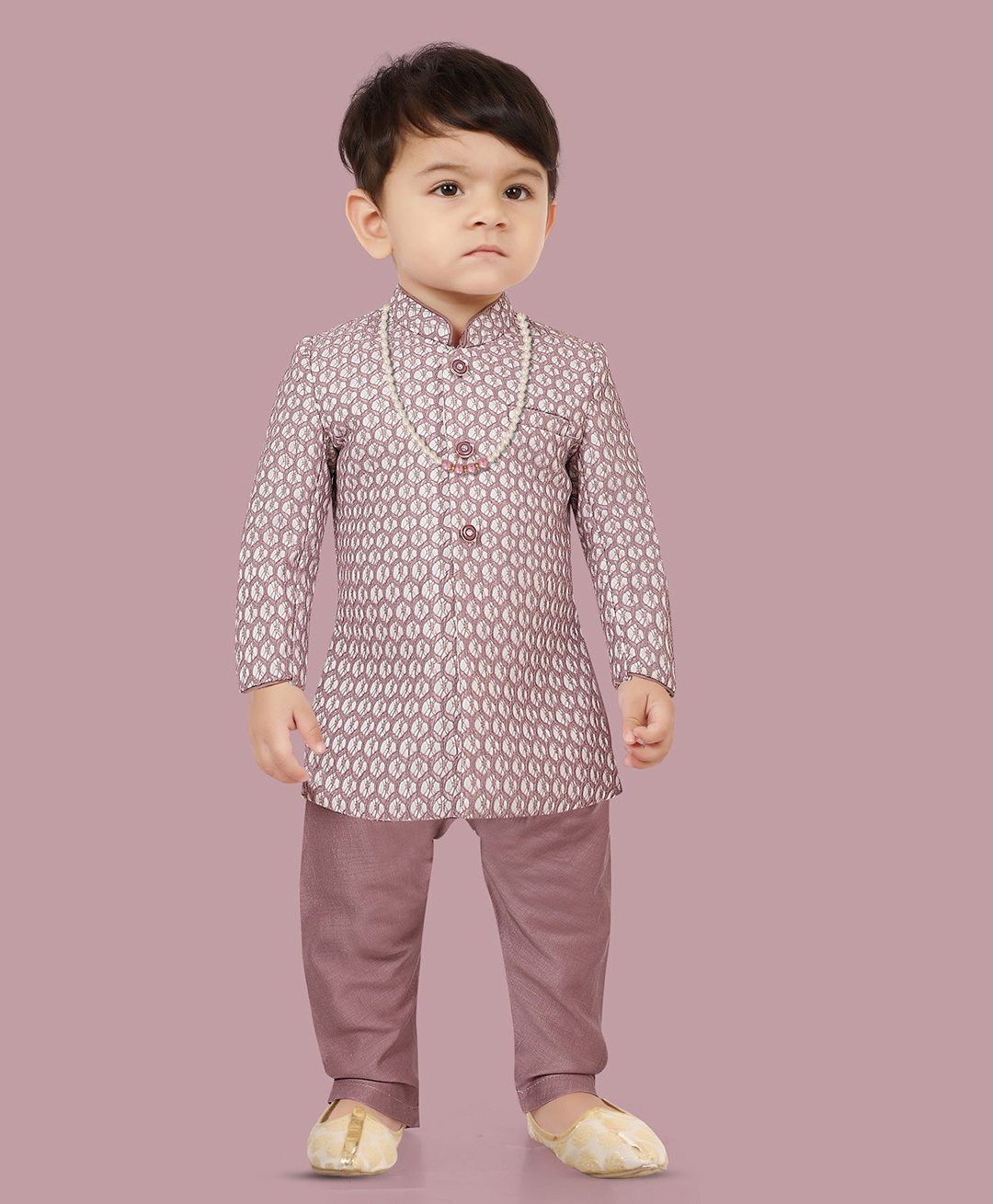 little desi Net Full Sleeves Abstract Printed Kurta Pyjama With Necklace Set - Lavender-picture-17