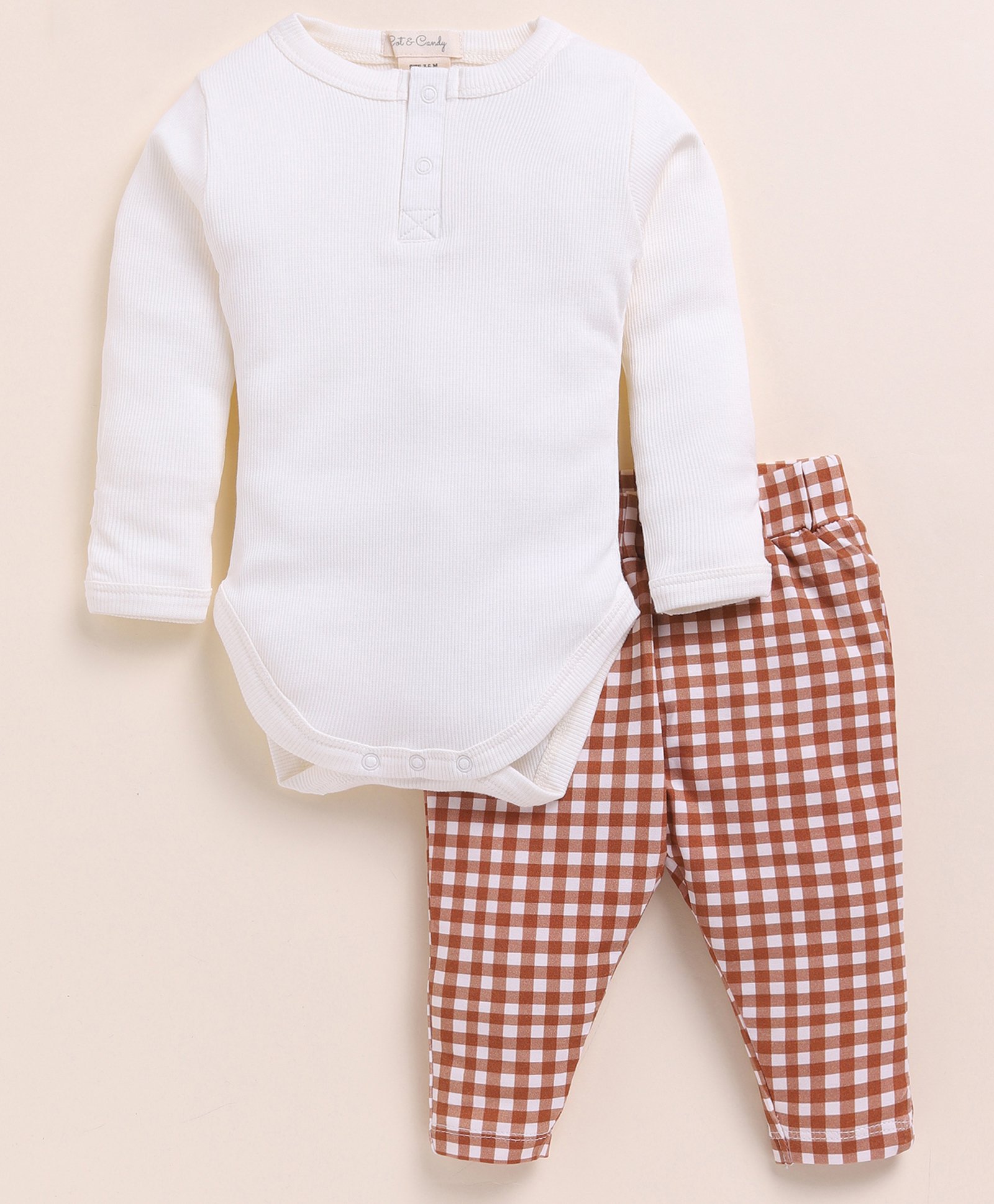 Cot & Candy Organic Cotton Full Sleeves Solid Onesie & Checked Leggings Set - White & Brown-picture-28
