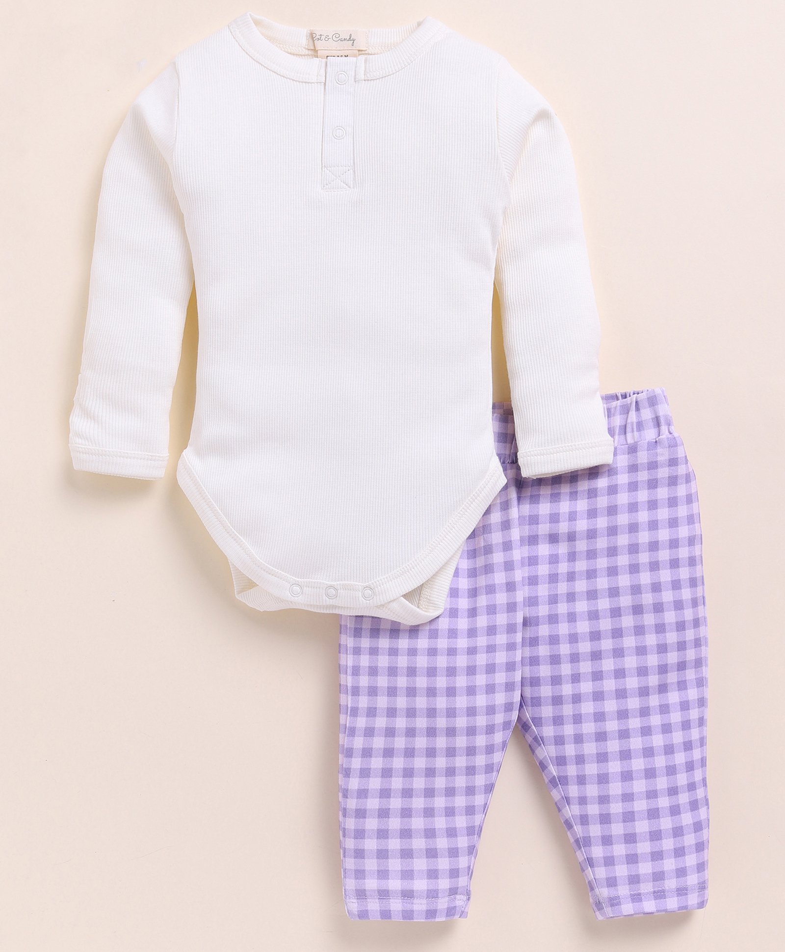 Cot & Candy Organic Cotton Full Sleeves Solid Onesie & Checked Leggings Set - White & Violet-picture-33