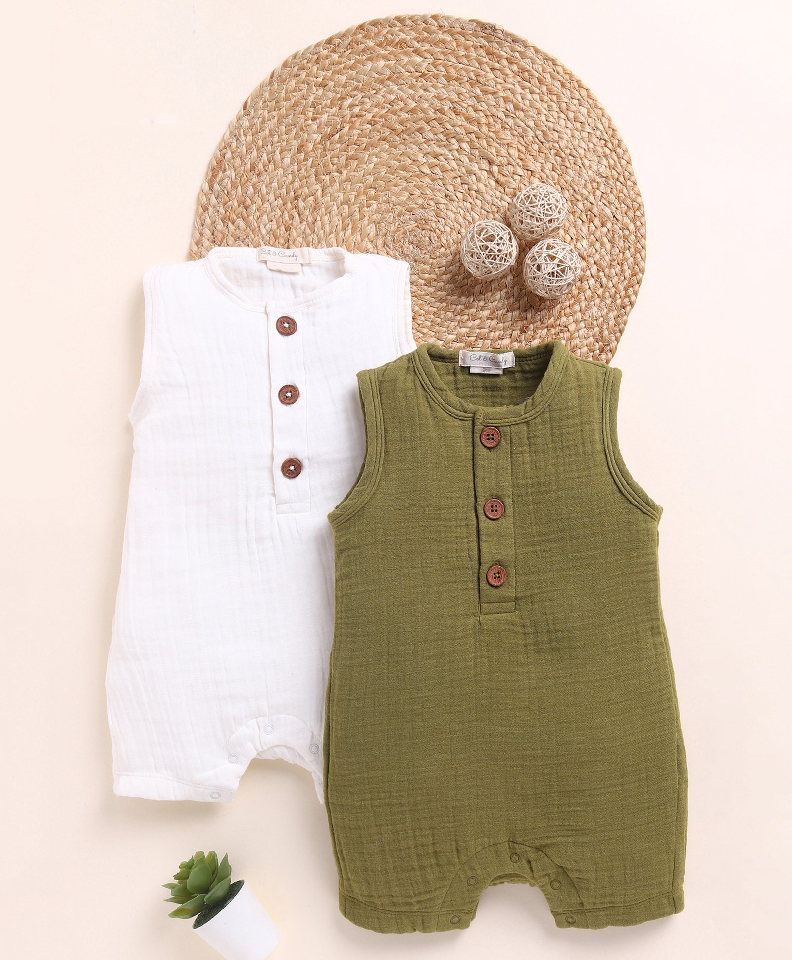 Cot & Candy Muslin Pack Of 2 Sleeveless Solid Rompers - White & Olive Green-picture-12