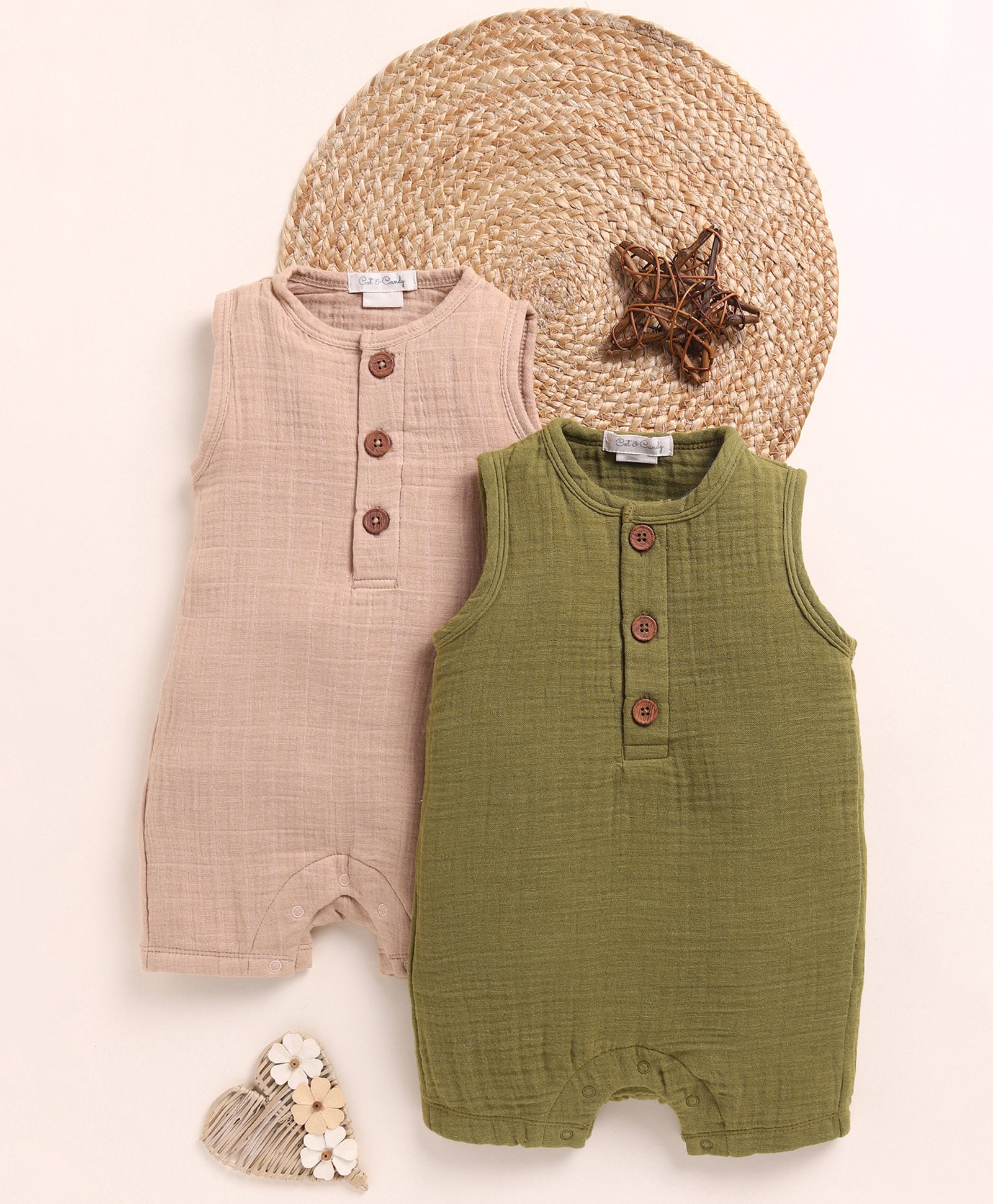 Cot & Candy Muslin Pack Of 2 Sleeveless Solid Rompers - Latte & Olive Green-picture-16