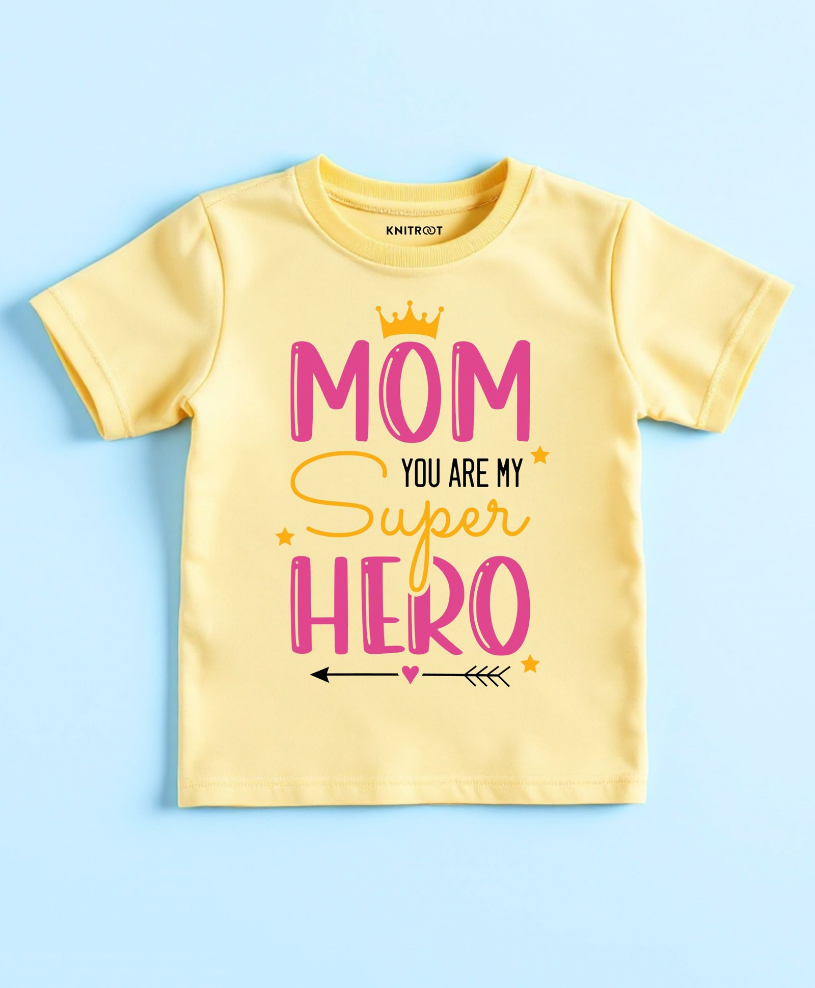 KNITROOT Cotton Lycra Mothers Day Theme Half Sleeves Mom You Are My Super Hero Text Printed Tee - Yellow-image-48