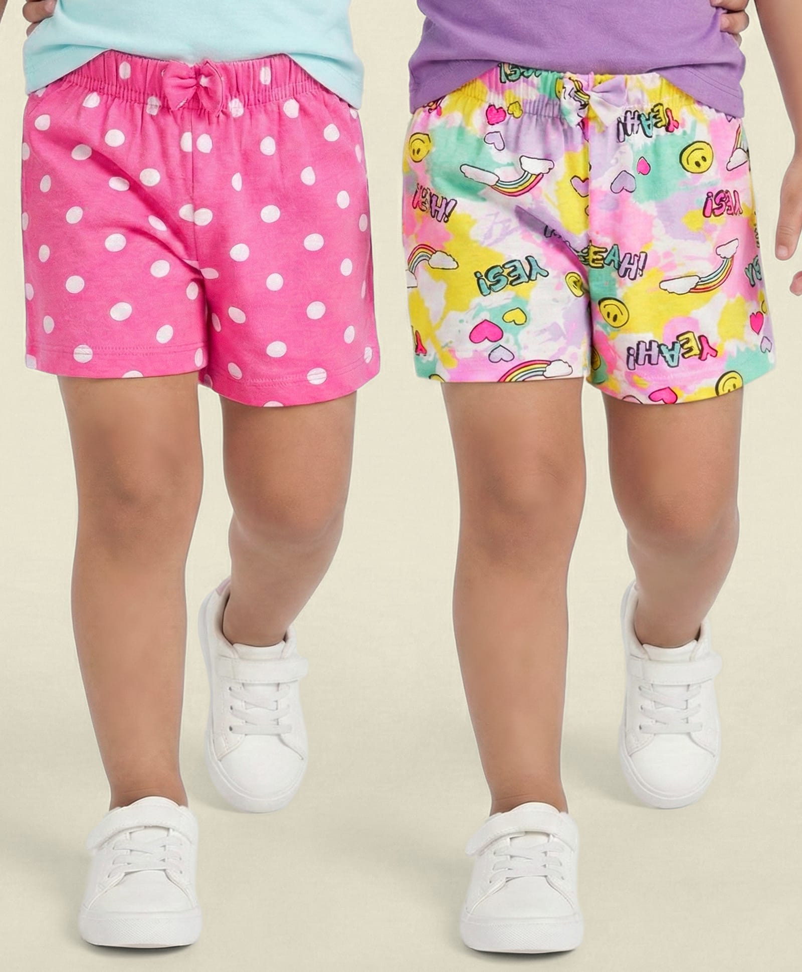 Babyhug Cotton Knit Mid Thigh Polka Dots & Smiley Printed Shorts with Bow Applique Pack of 2 - Dark Pink & White-image-27