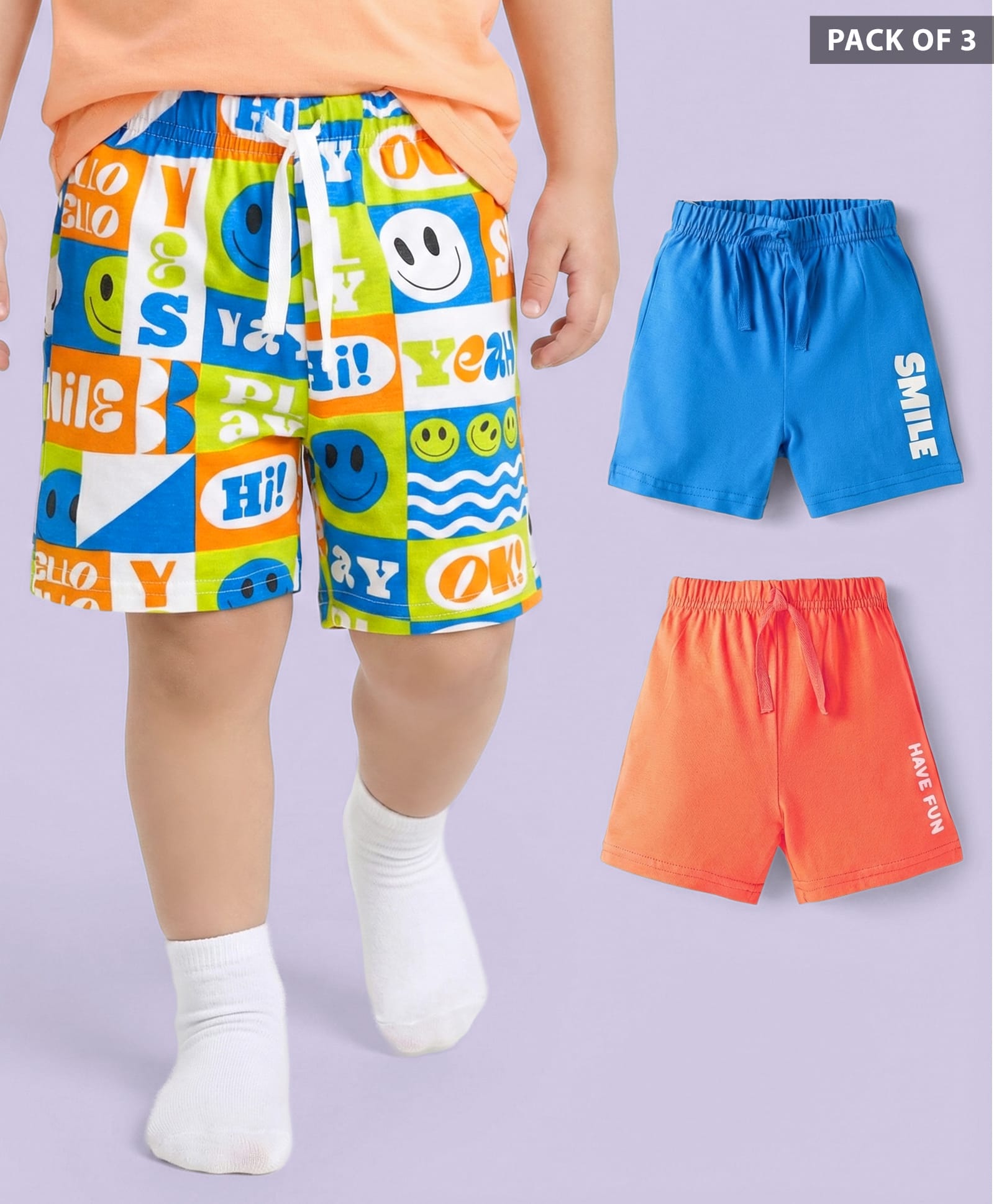Babyhug Cotton Knit Mid Thigh Shorts with Text Print Pack of 3 - Coral White & Blue-image-47