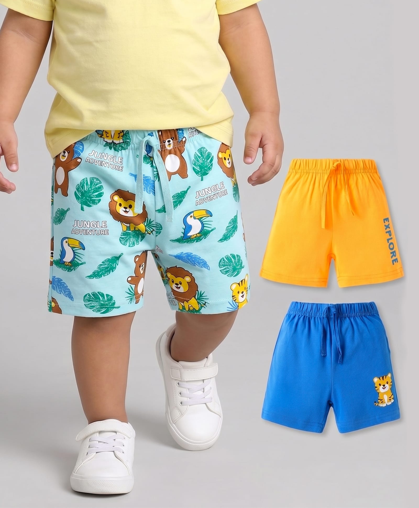 Babyhug Cotton Knit Mid Thigh Shorts with Jungle Theme Print Pack of 3 - Light Blue Yellow & Blue-picture-24