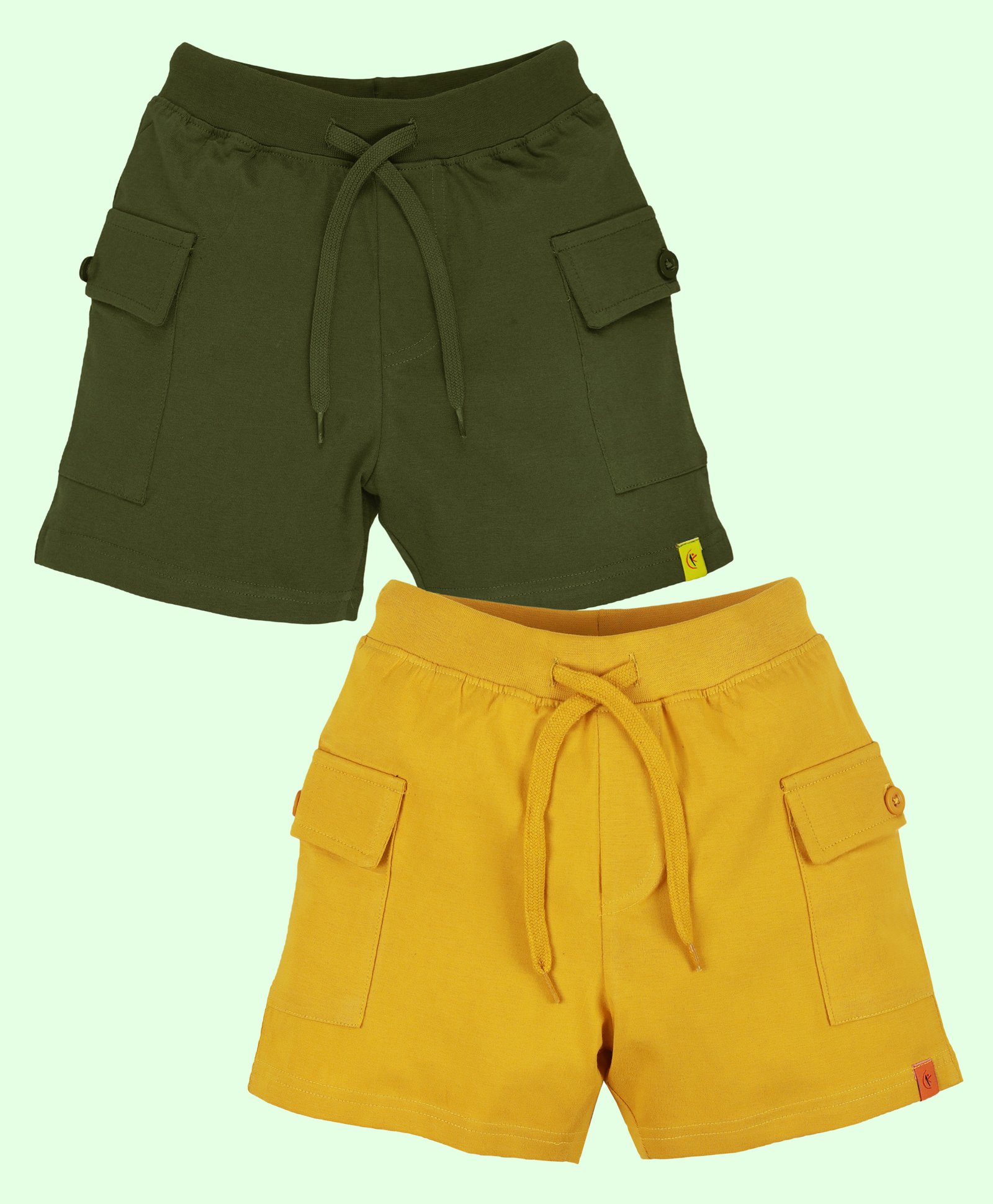 Kiddopanti Cotton Pack of 2 Solid Cargo Shorts - Military Green & Mustard-picture-28