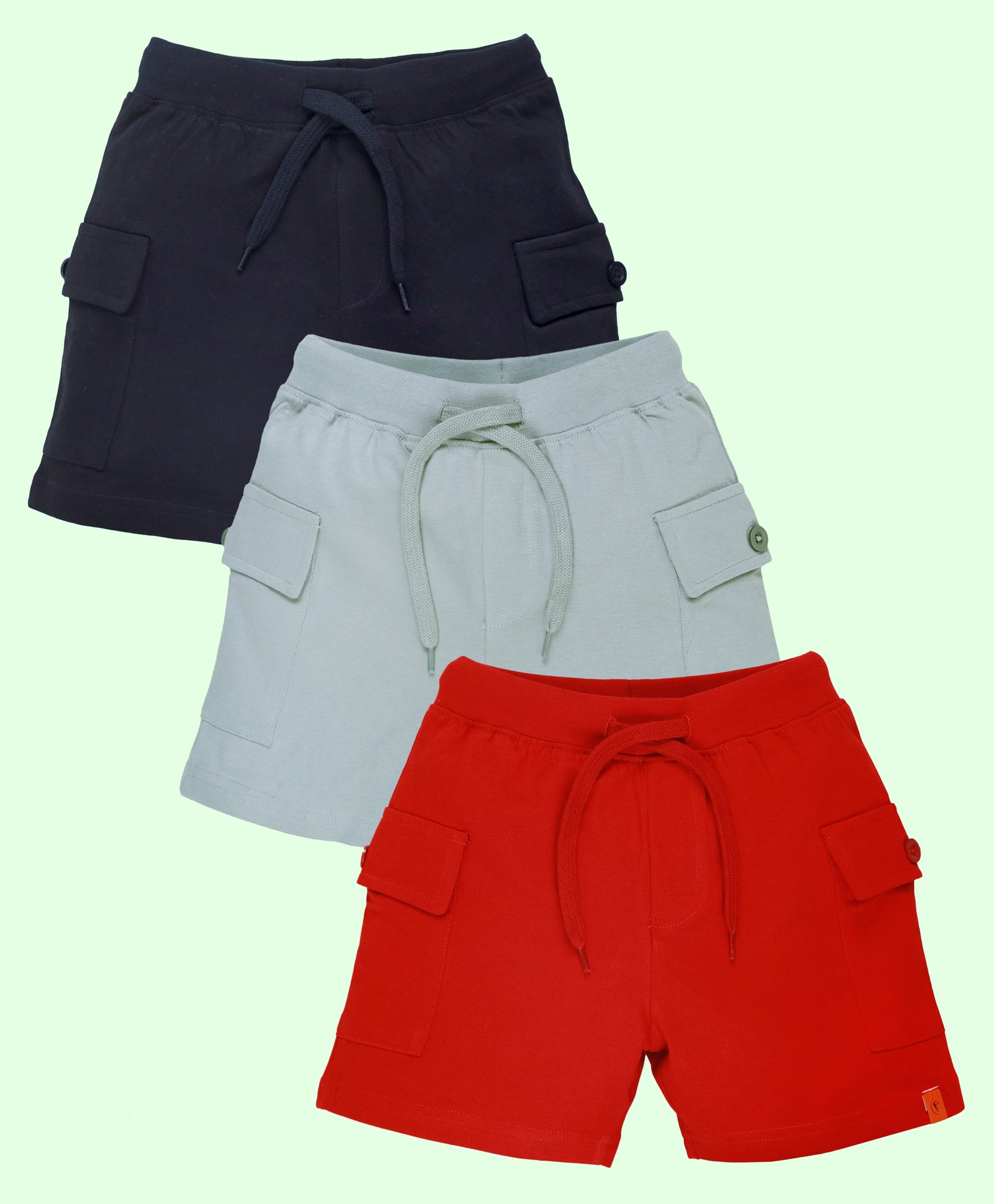 Kiddopanti Cotton Pack Of 3 Solid Cargo Shorts - Black Steel Grey & Red-image-0