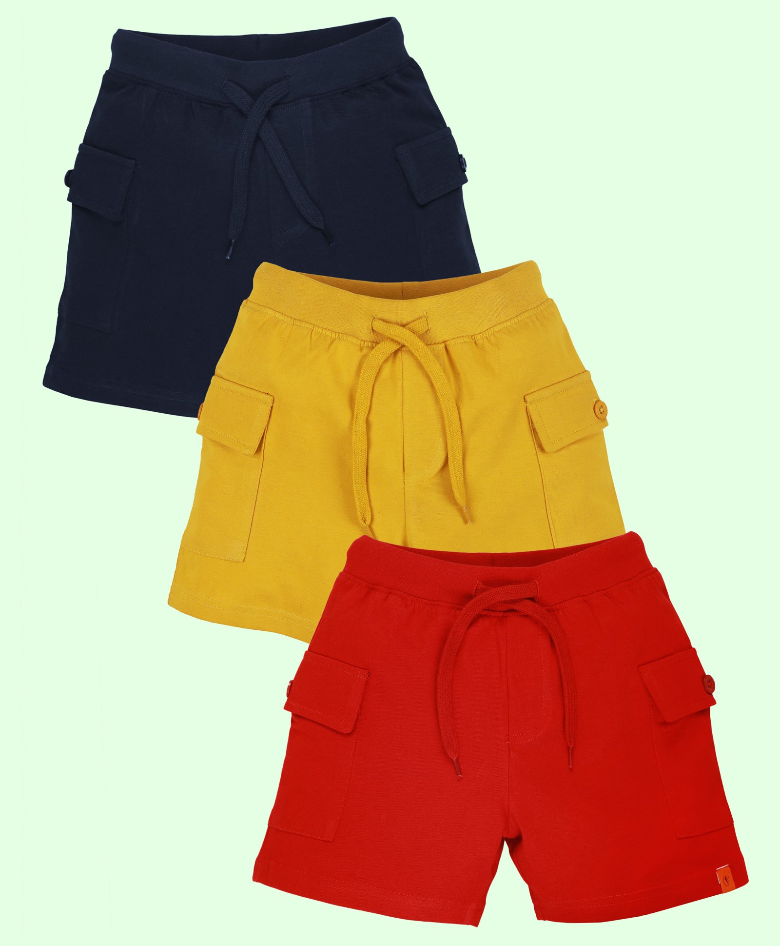Kiddopanti Cotton Pack Of 3 Solid Cargo Shorts - Navy Blue Mustard & Red-picture-39